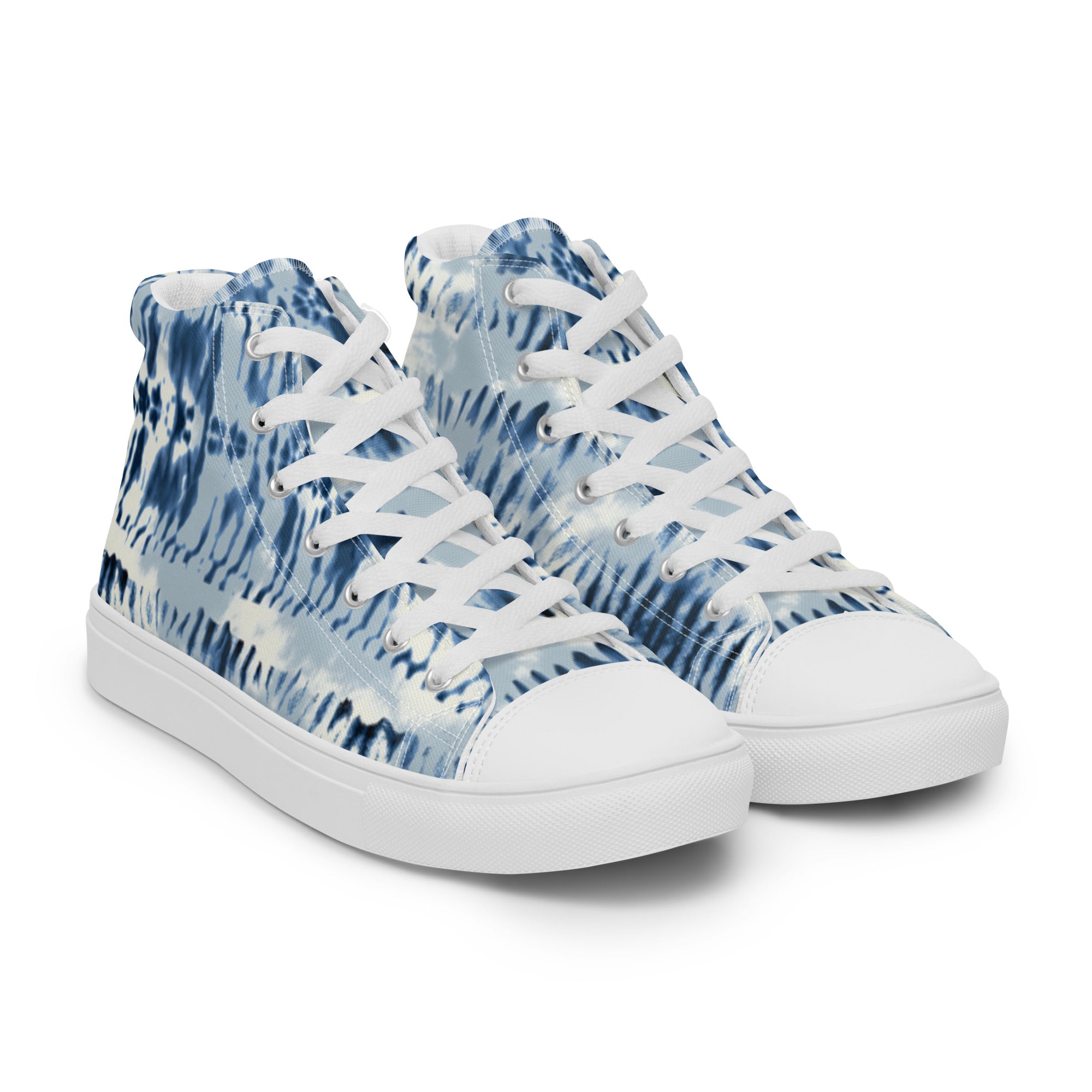 Women’s High-Top Sneakers – Indigo Tie-Dye Pattern, Retro Canvas Shoes