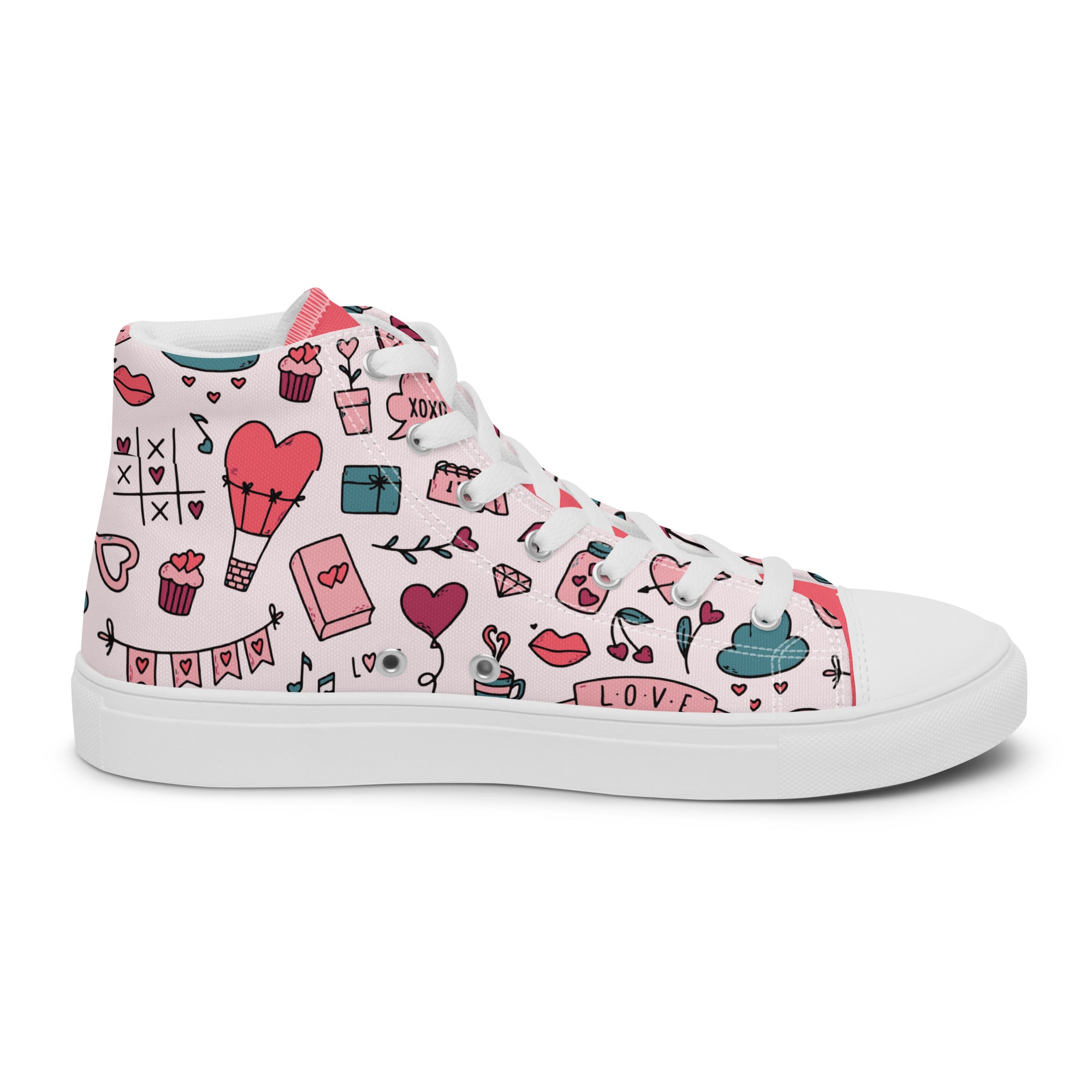 Women’s High-Top Sneakers – Love & Romance Icons Print, Casual Canvas Shoes