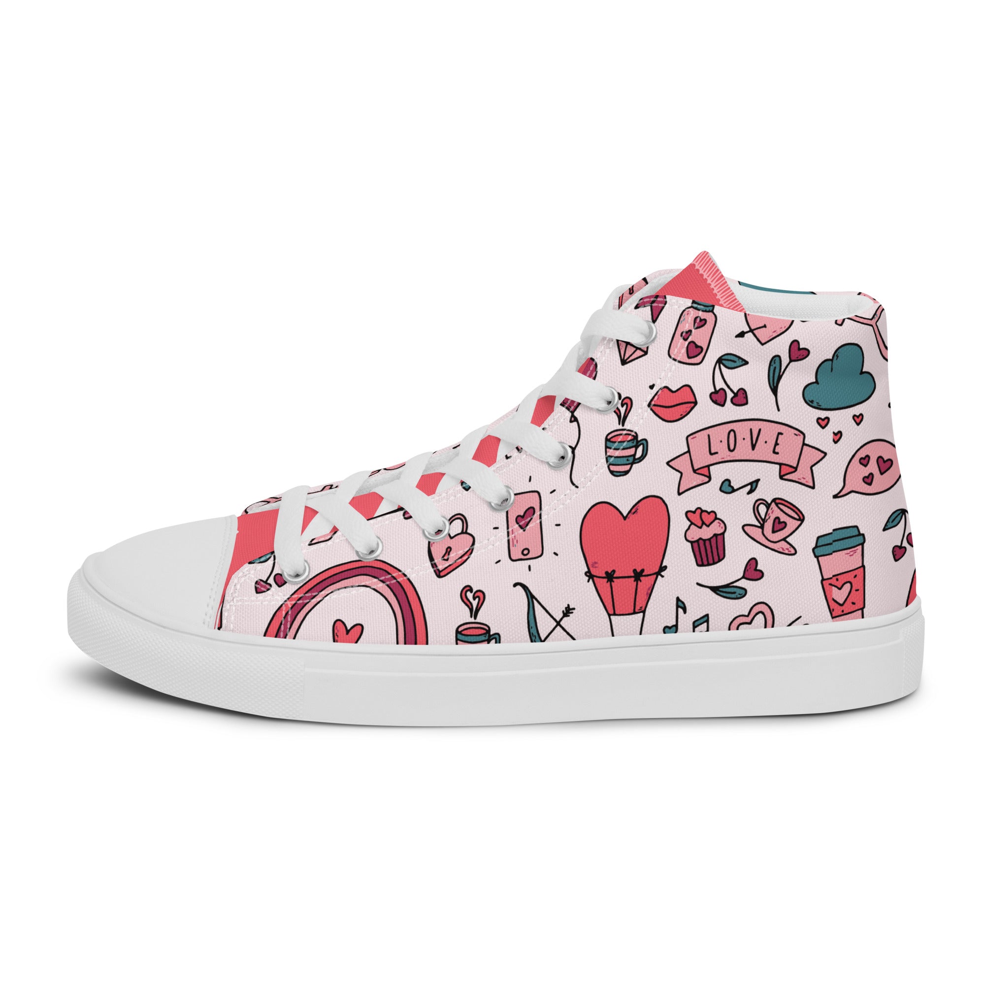 Women’s High-Top Sneakers – Love & Romance Icons Print, Casual Canvas Shoes