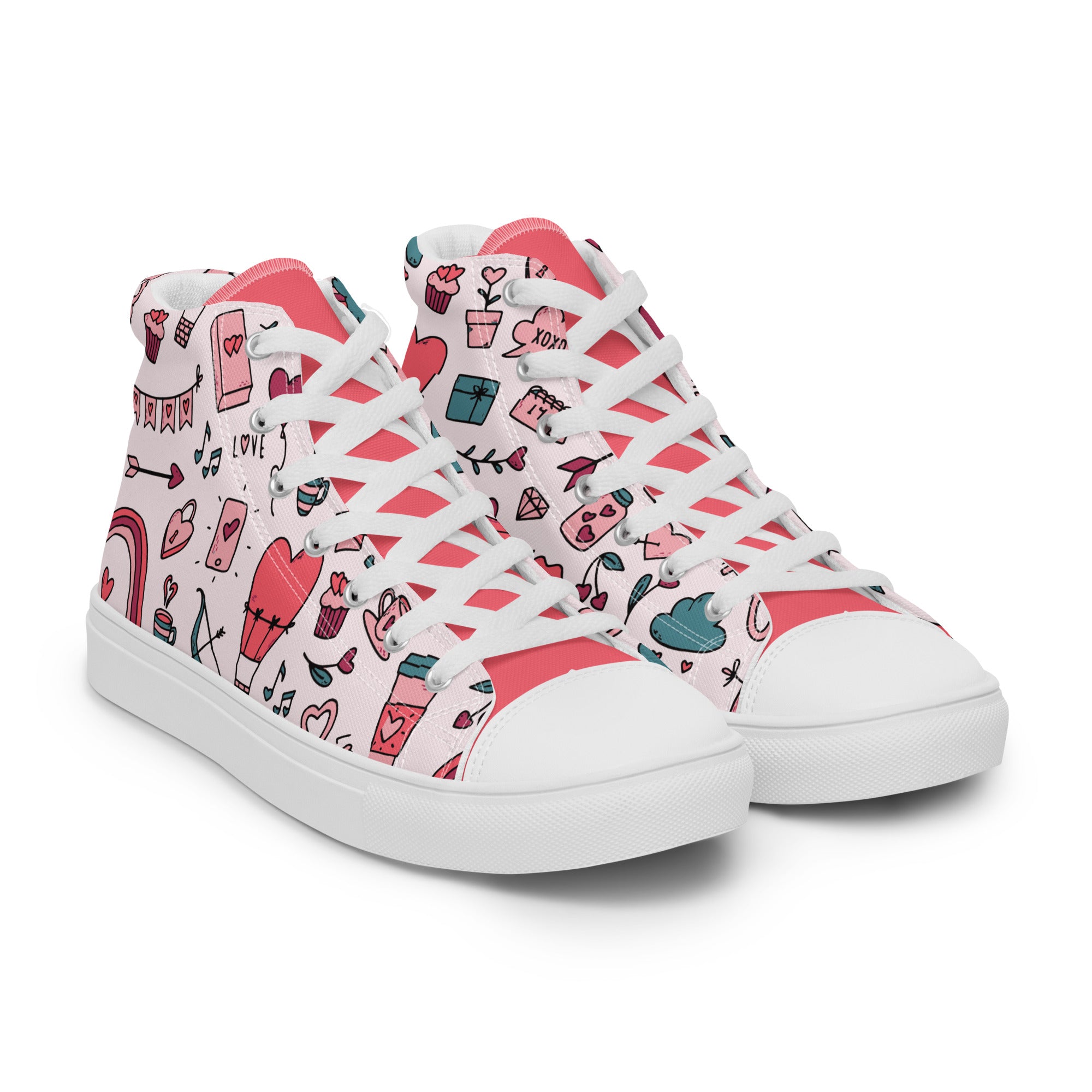 Women’s High-Top Sneakers – Love & Romance Icons Print, Casual Canvas Shoes