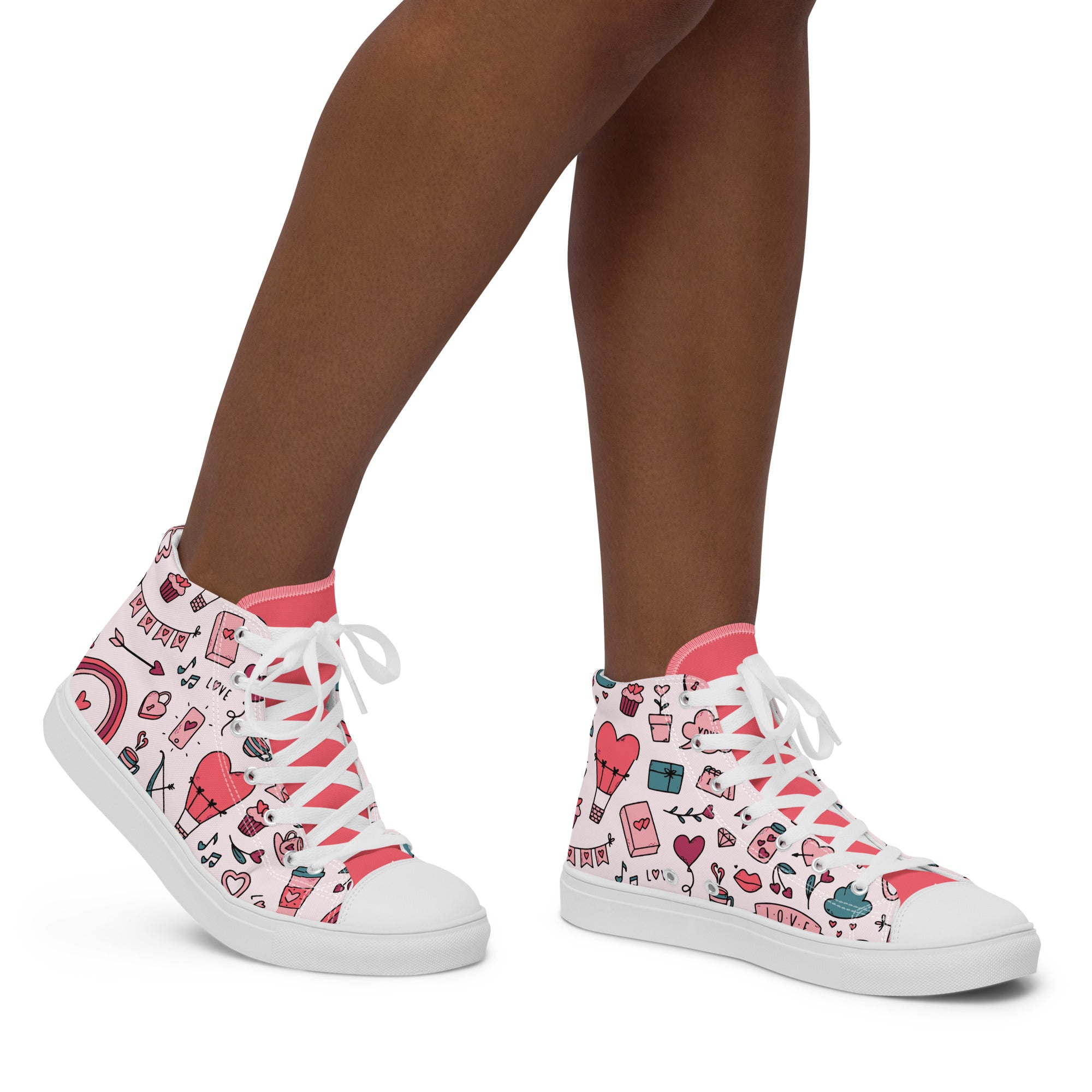 Women’s High-Top Sneakers – Love & Romance Icons Print, Casual Canvas Shoes