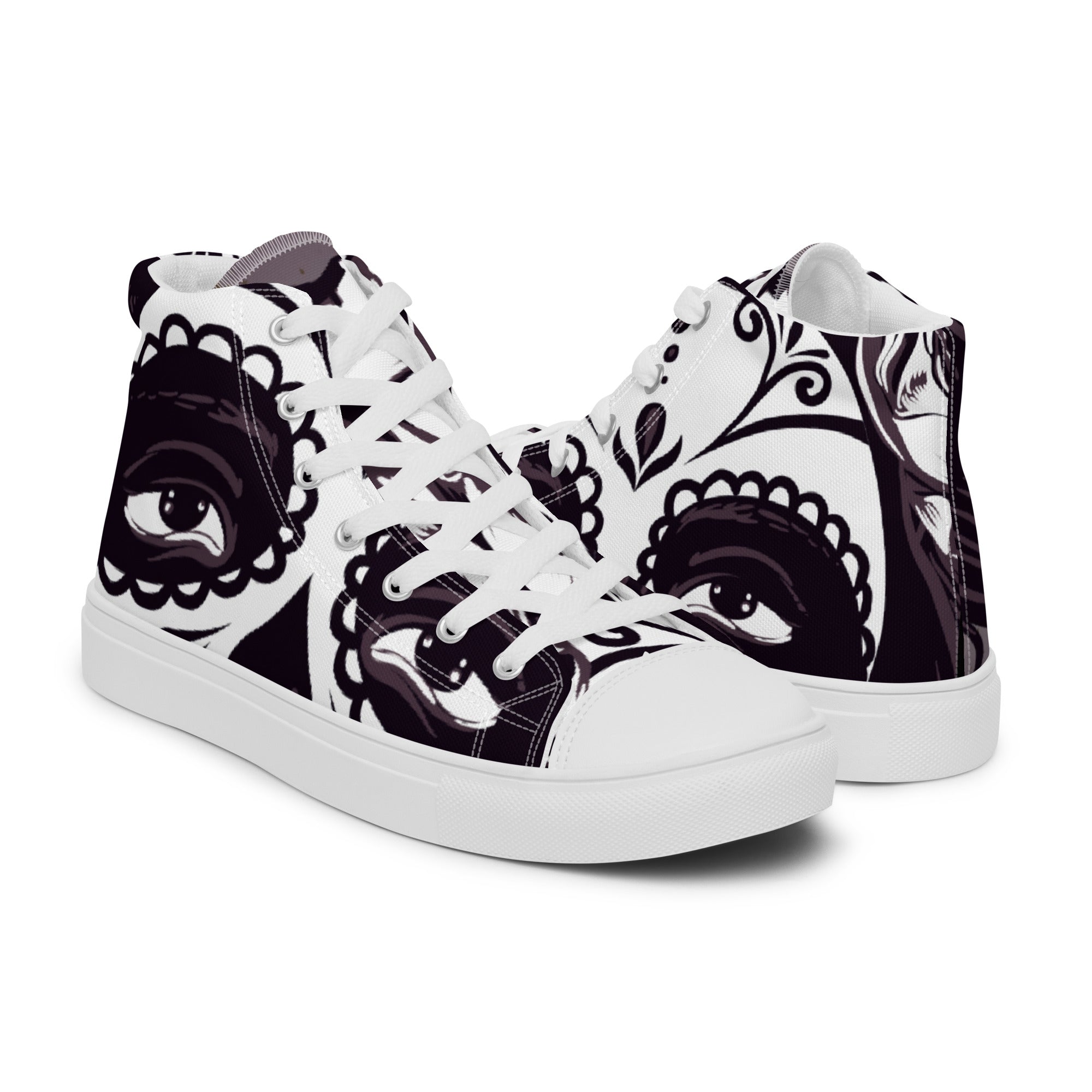 Women’s High-Top Sneakers – Monochrome Eye Art Print, Unique Canvas Shoes