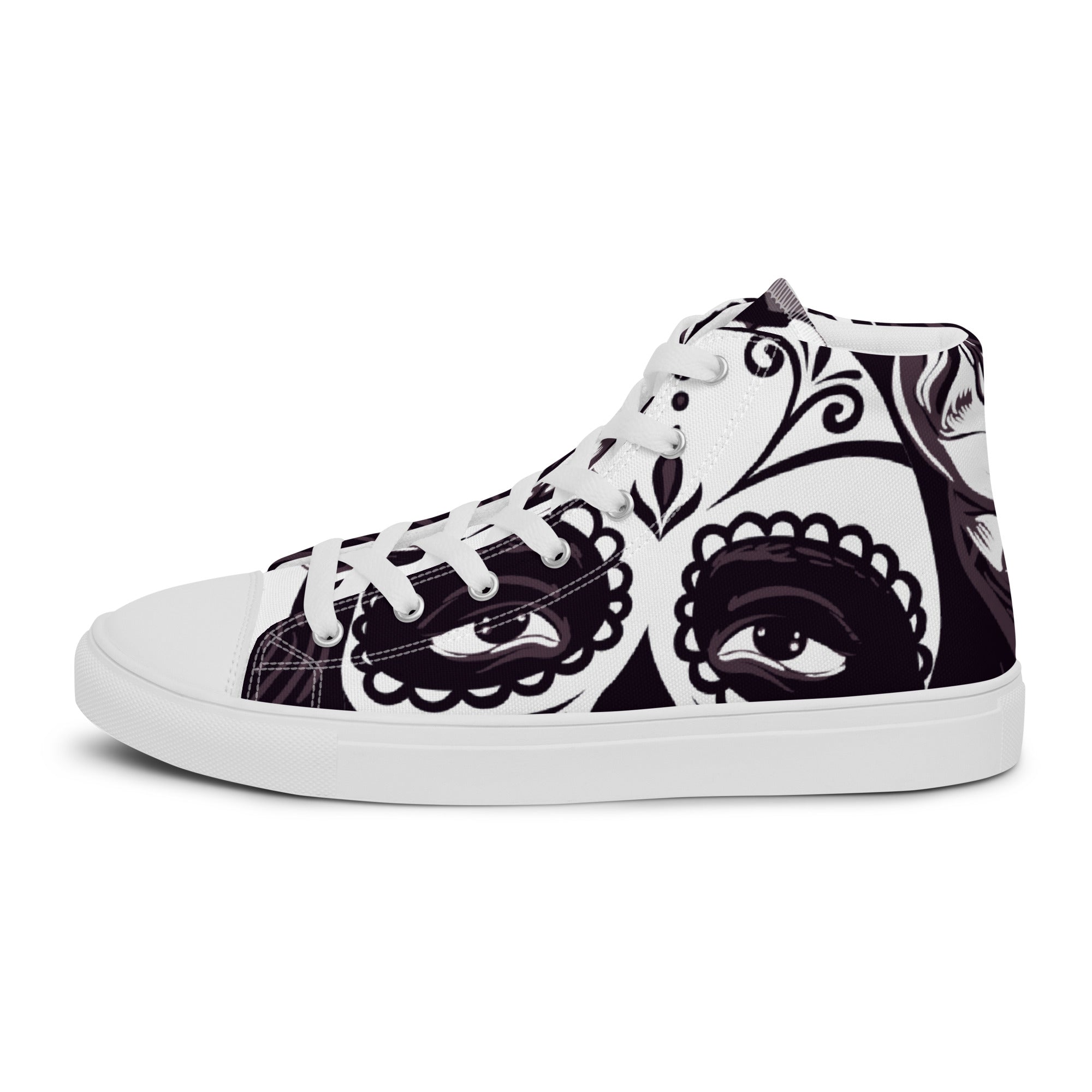 Women’s High-Top Sneakers – Monochrome Eye Art Print, Unique Canvas Shoes