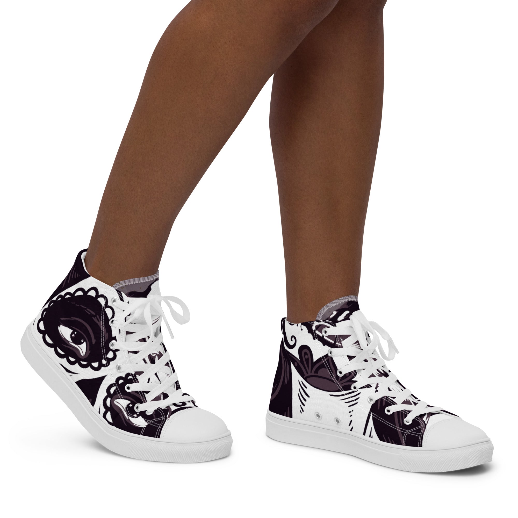 Women’s High-Top Sneakers – Monochrome Eye Art Print, Unique Canvas Shoes