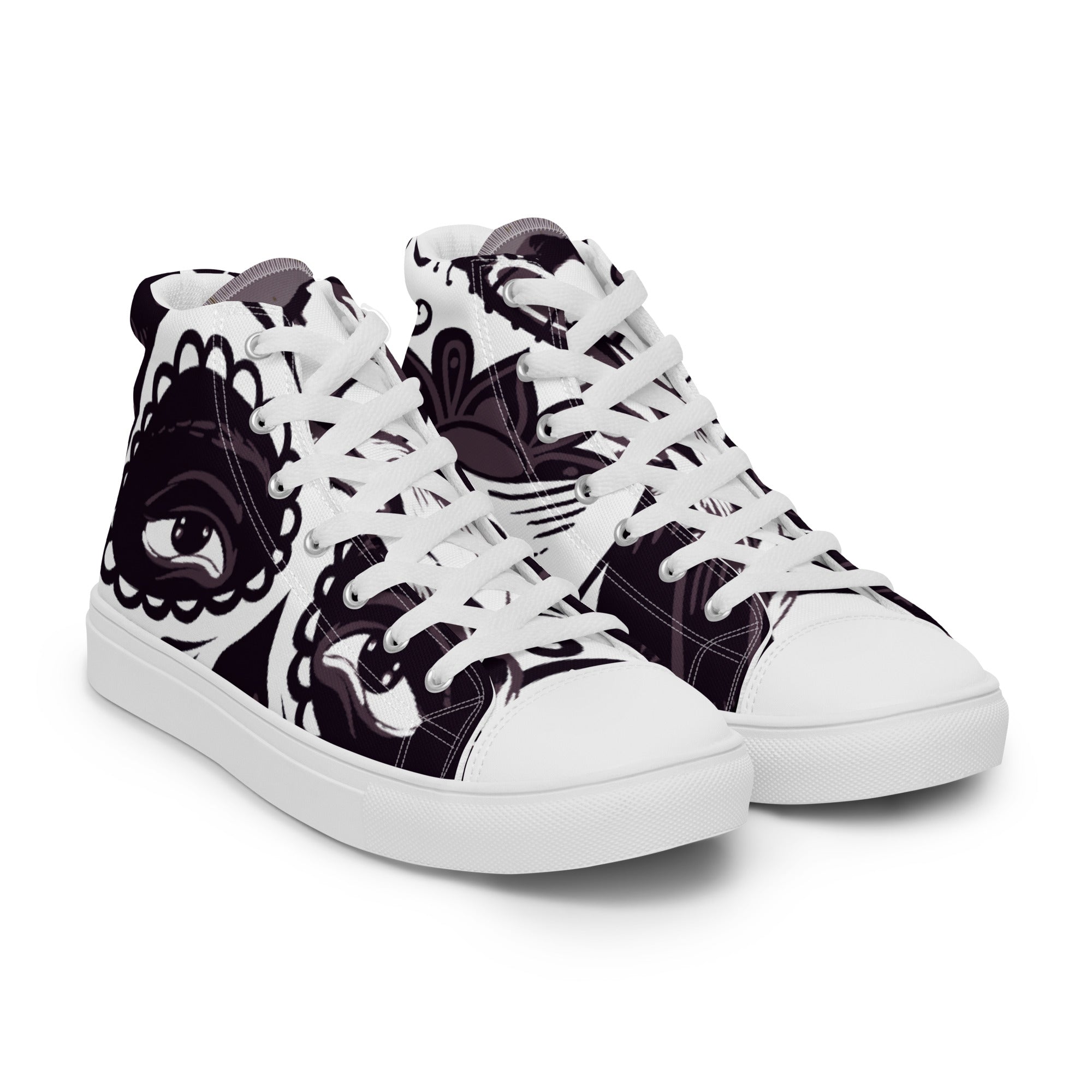 Women’s High-Top Sneakers – Monochrome Eye Art Print, Unique Canvas Shoes