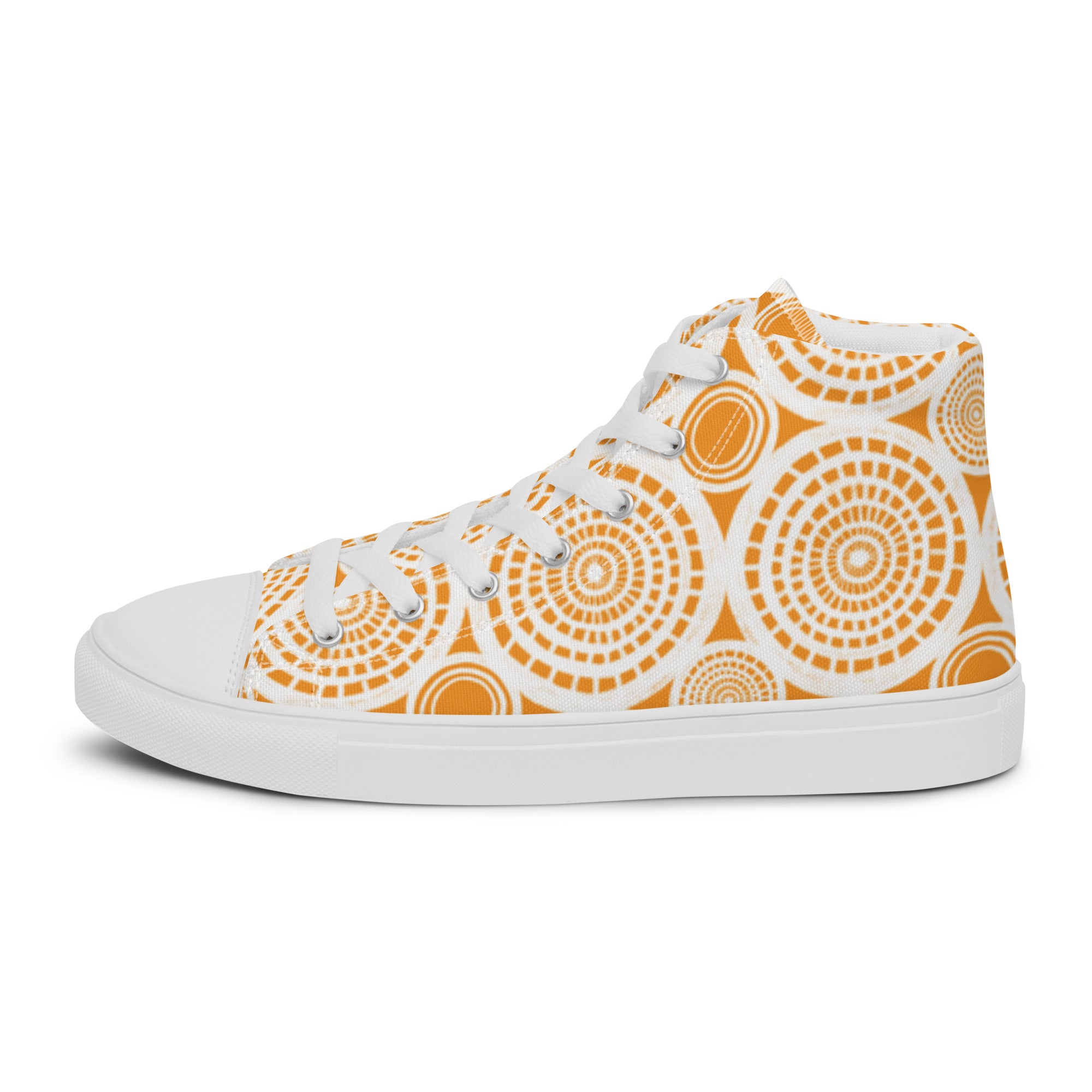 Women’s High-Top Sneakers – Orange Mandala Print, Artistic Canvas Shoes