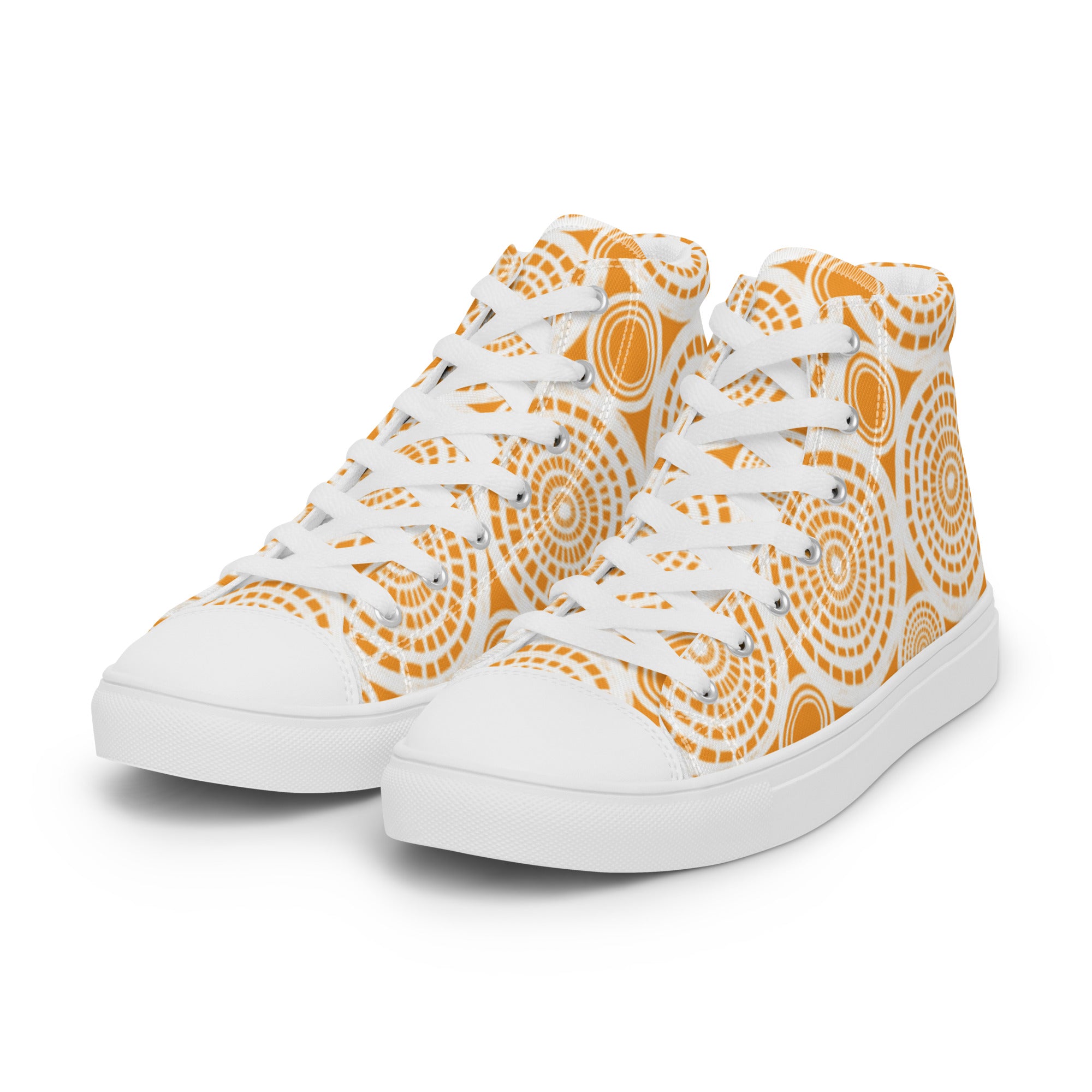 Women’s High-Top Sneakers – Orange Mandala Print, Artistic Canvas Shoes