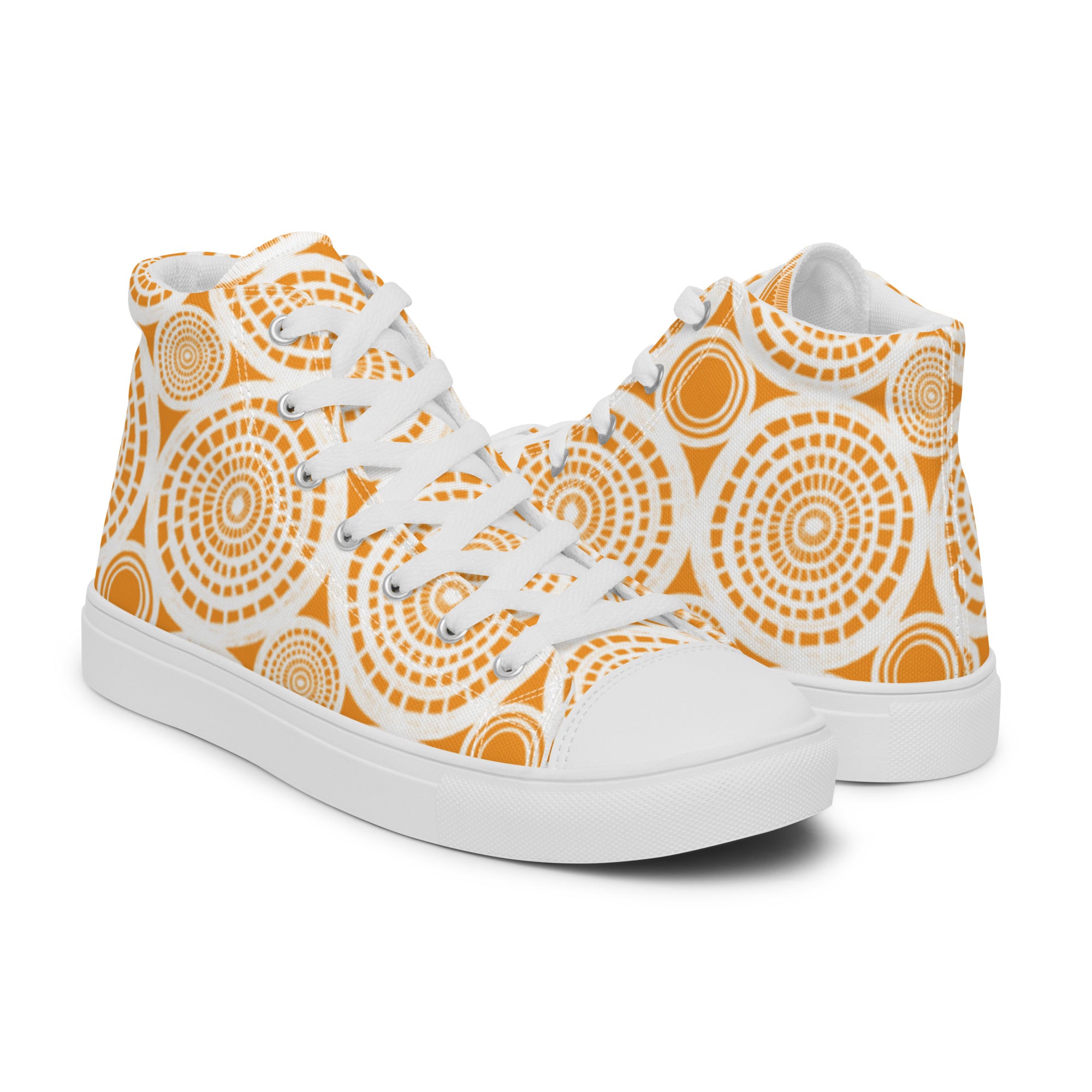 Women’s High-Top Sneakers – Orange Mandala Print, Artistic Canvas Shoes