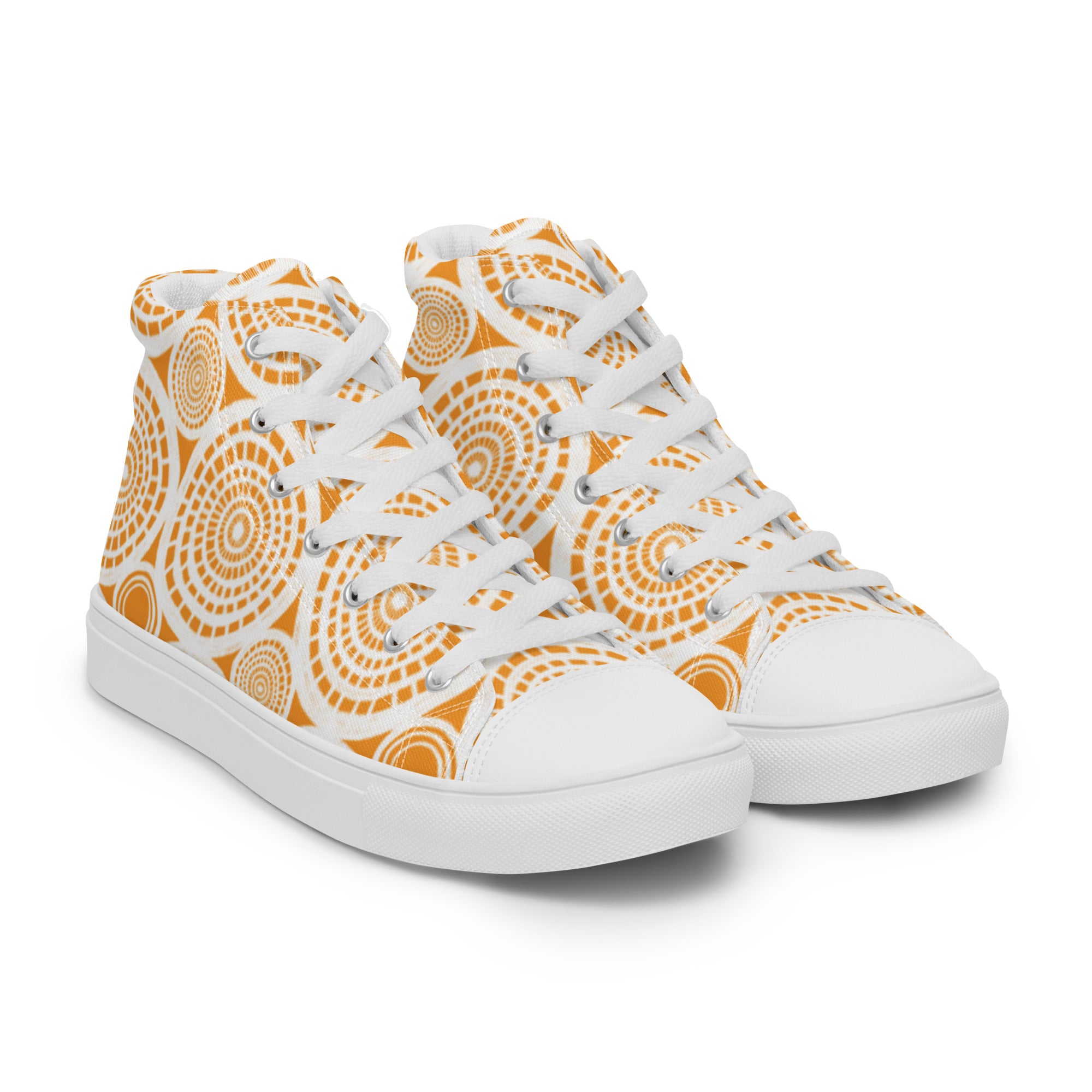 Women’s High-Top Sneakers – Orange Mandala Print, Artistic Canvas Shoes