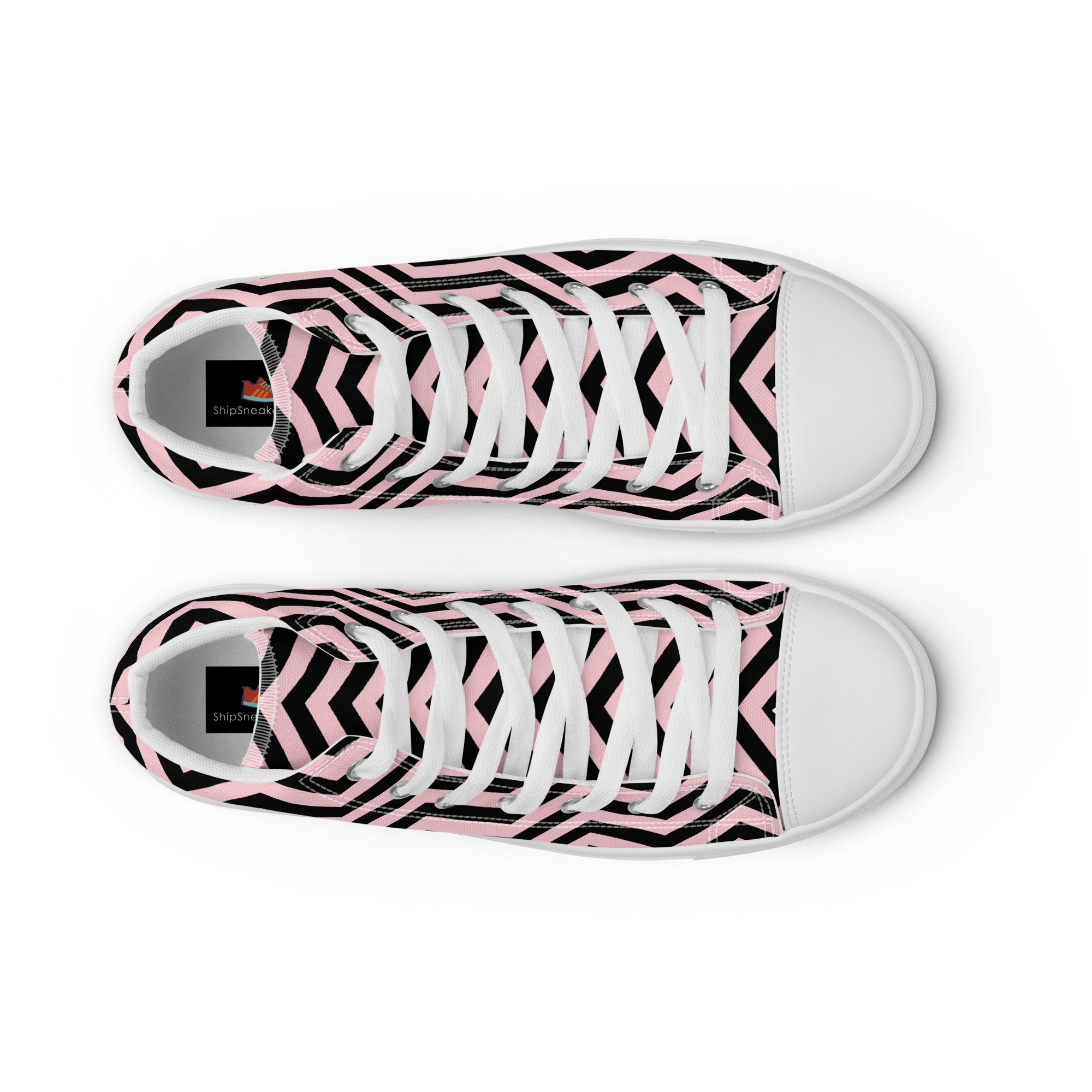 Women’s High-Top Sneakers – Pink and Black Chevron Print, Chic Canvas Shoes