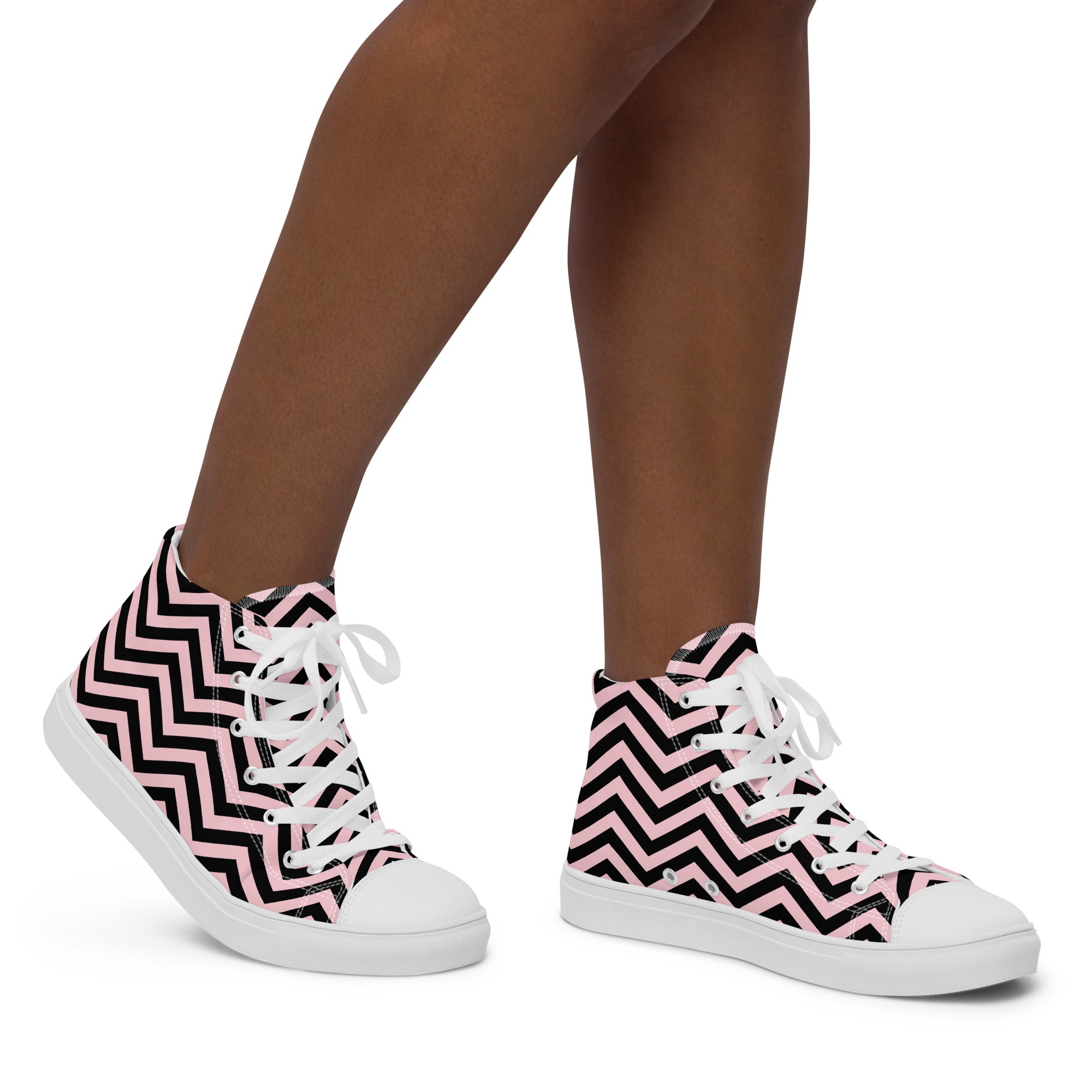 Women’s High-Top Sneakers – Pink and Black Chevron Print, Chic Canvas Shoes