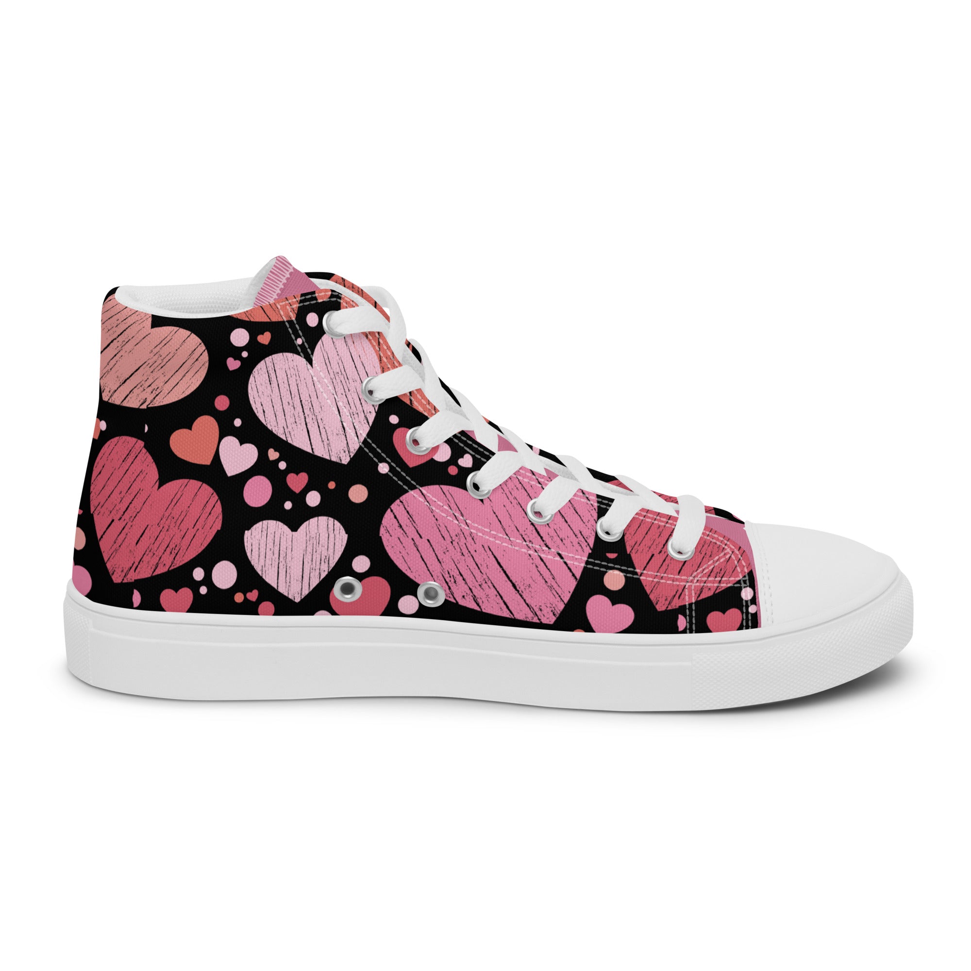 Women’s High-Top Sneakers – Pink Heart Pattern, Stylish Canvas Shoes