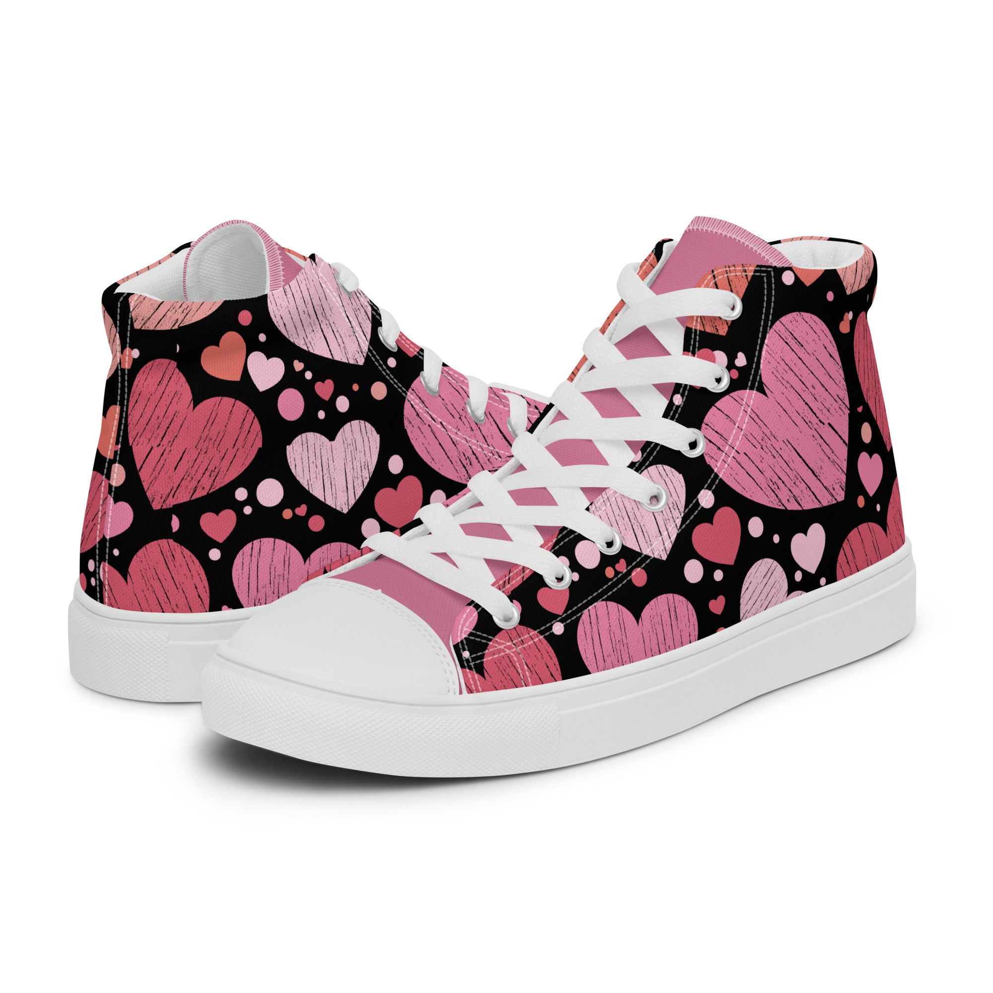 Womens High Top Sneakers Pink Heart Pattern Stylish Canvas Shoes Ioyaw