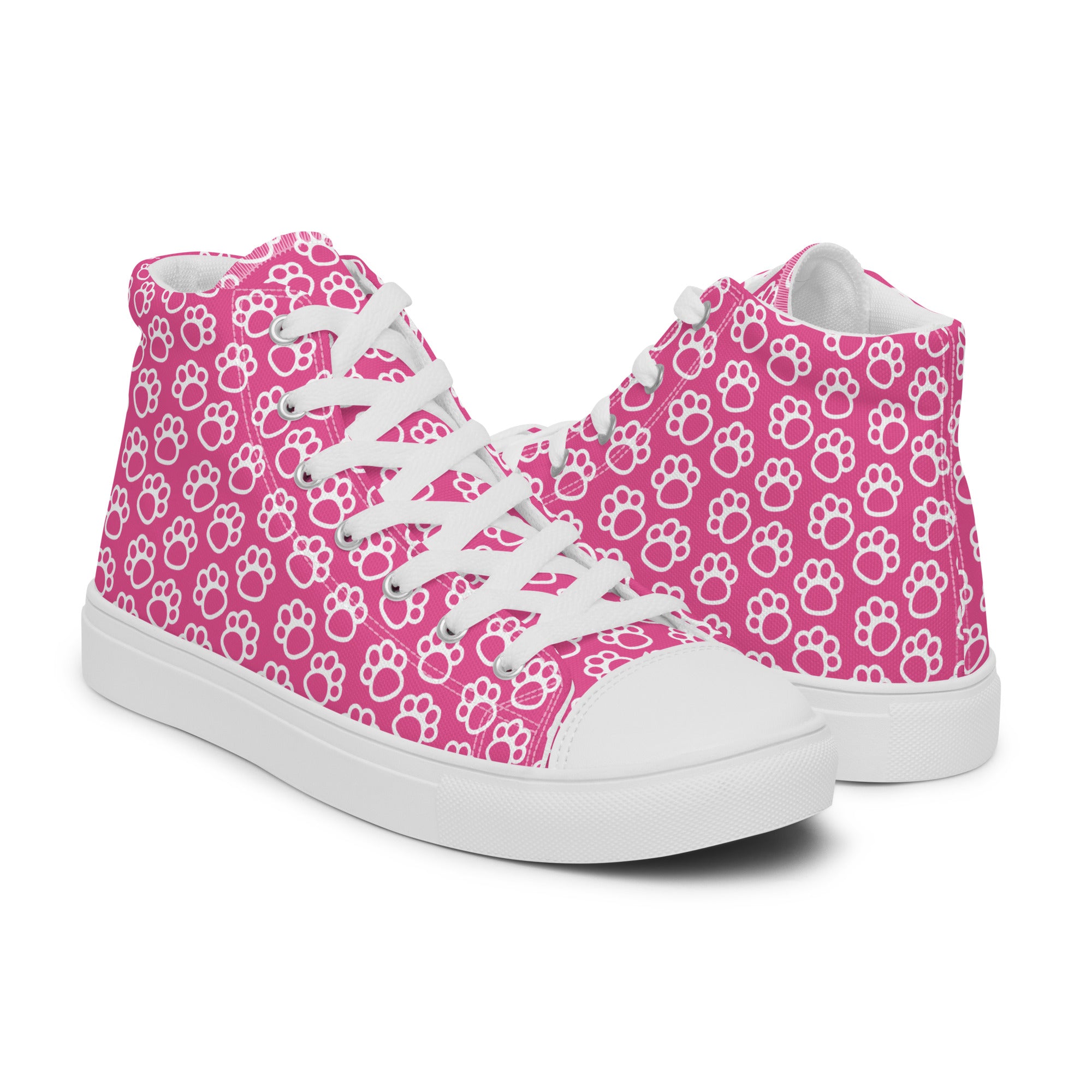 Women’s High-Top Sneakers – Pink Paw Print, Cute Canvas Shoes