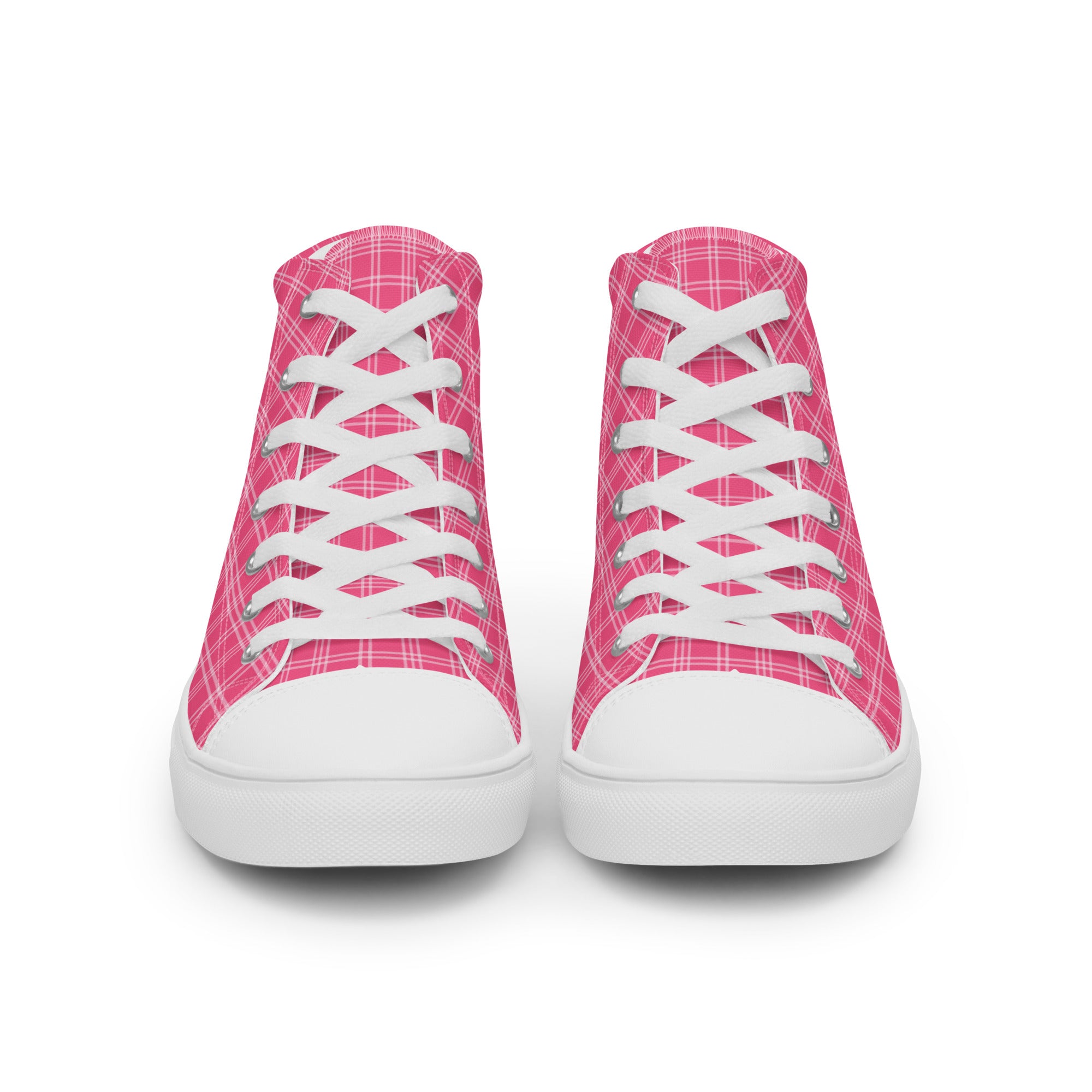 Women’s High-Top Sneakers – Pink Plaid Print, Trendy Canvas Shoes