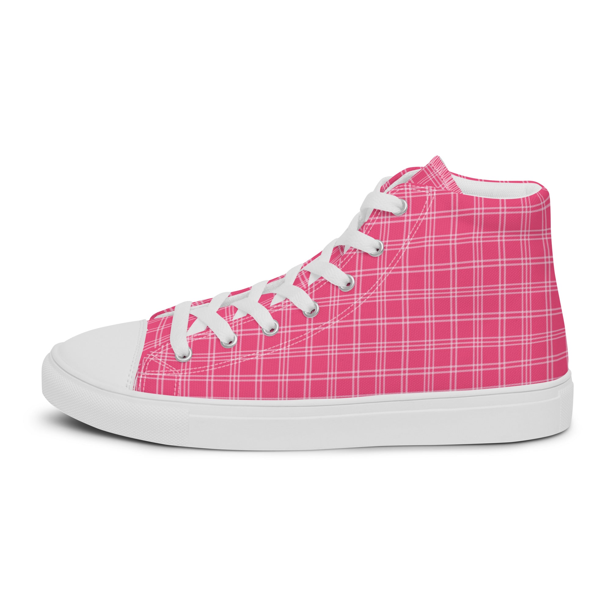 Women’s High-Top Sneakers – Pink Plaid Print, Trendy Canvas Shoes