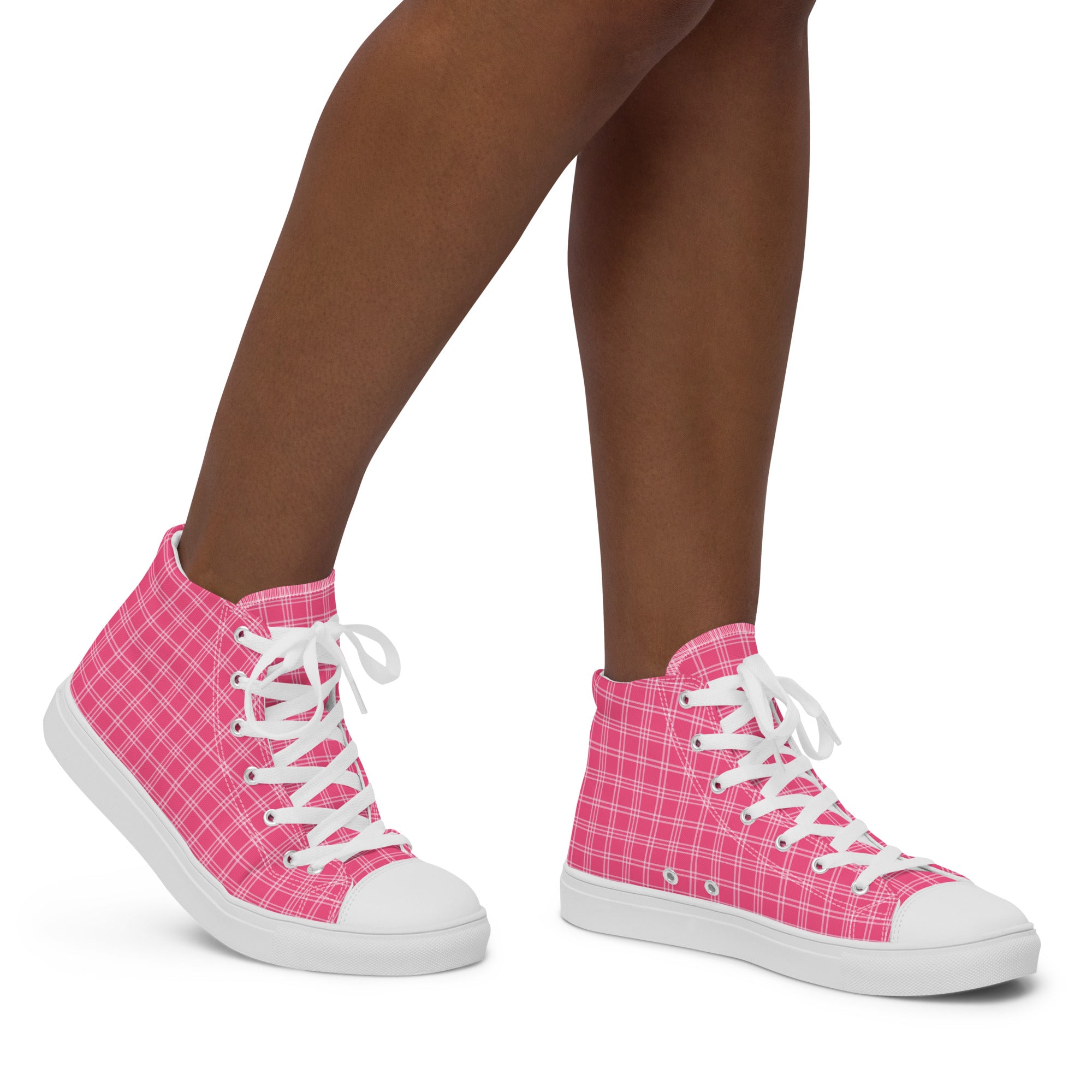 Women’s High-Top Sneakers – Pink Plaid Print, Trendy Canvas Shoes