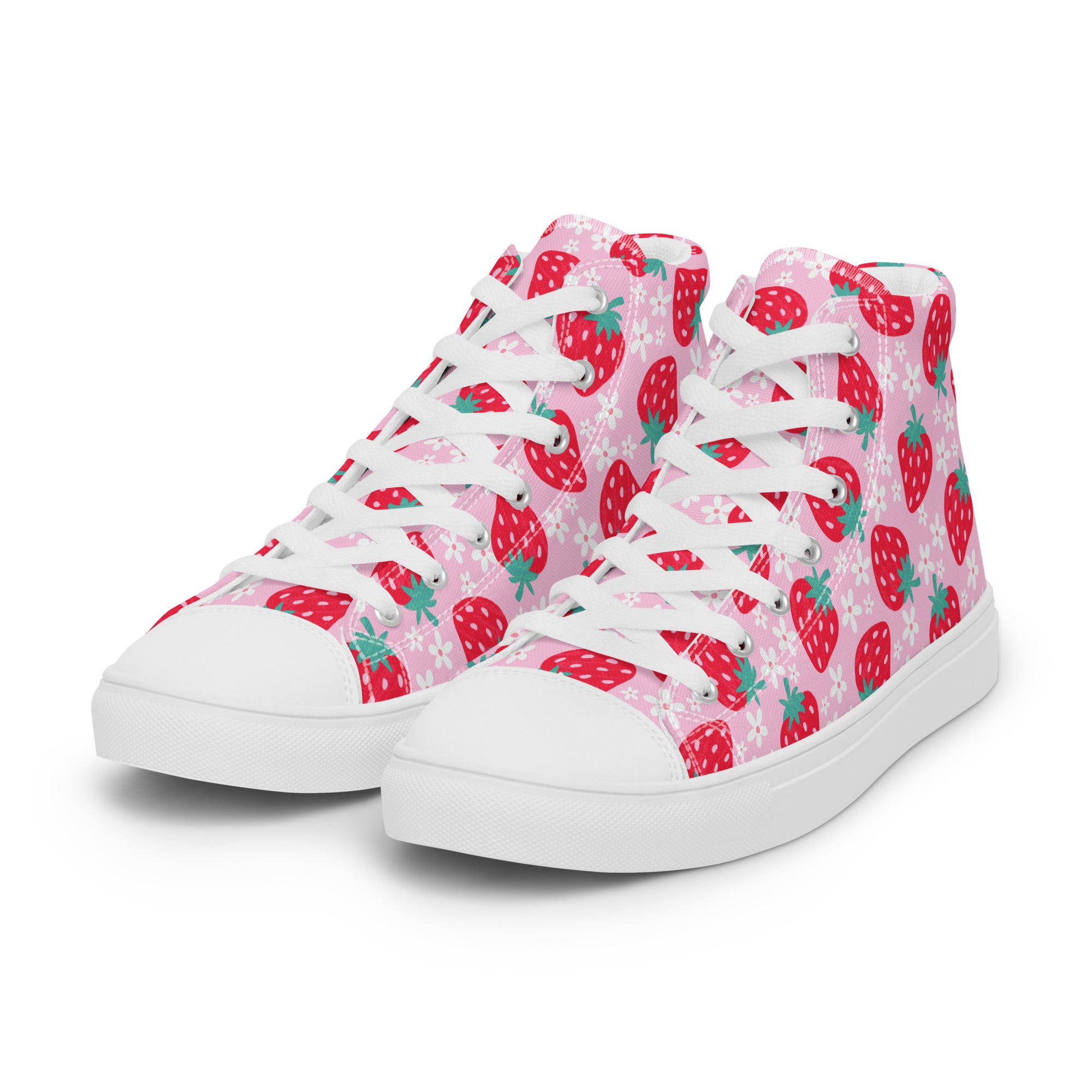 Women’s High-Top Sneakers – Pink Strawberry Print, Trendy Canvas Shoes