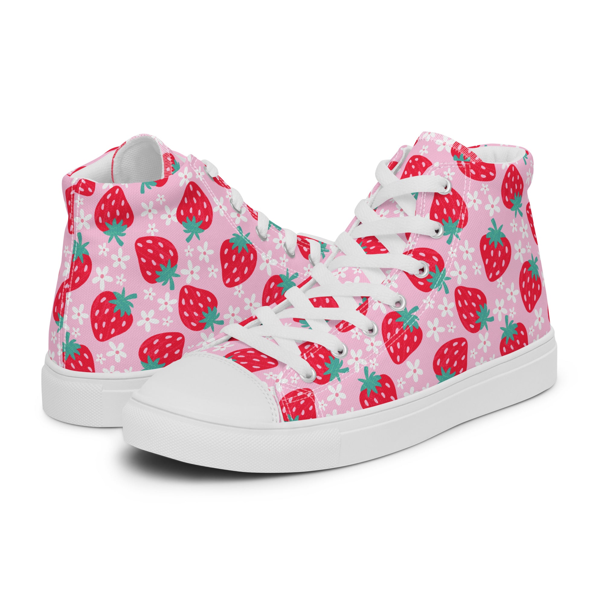 Womens High Top Sneakers Pink Strawberry Print Trendy Canvas Shoes