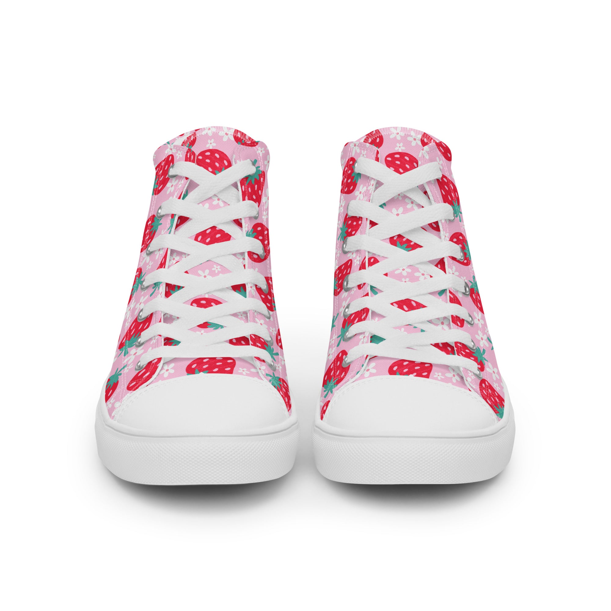 Women’s High-Top Sneakers – Pink Strawberry Print, Trendy Canvas Shoes