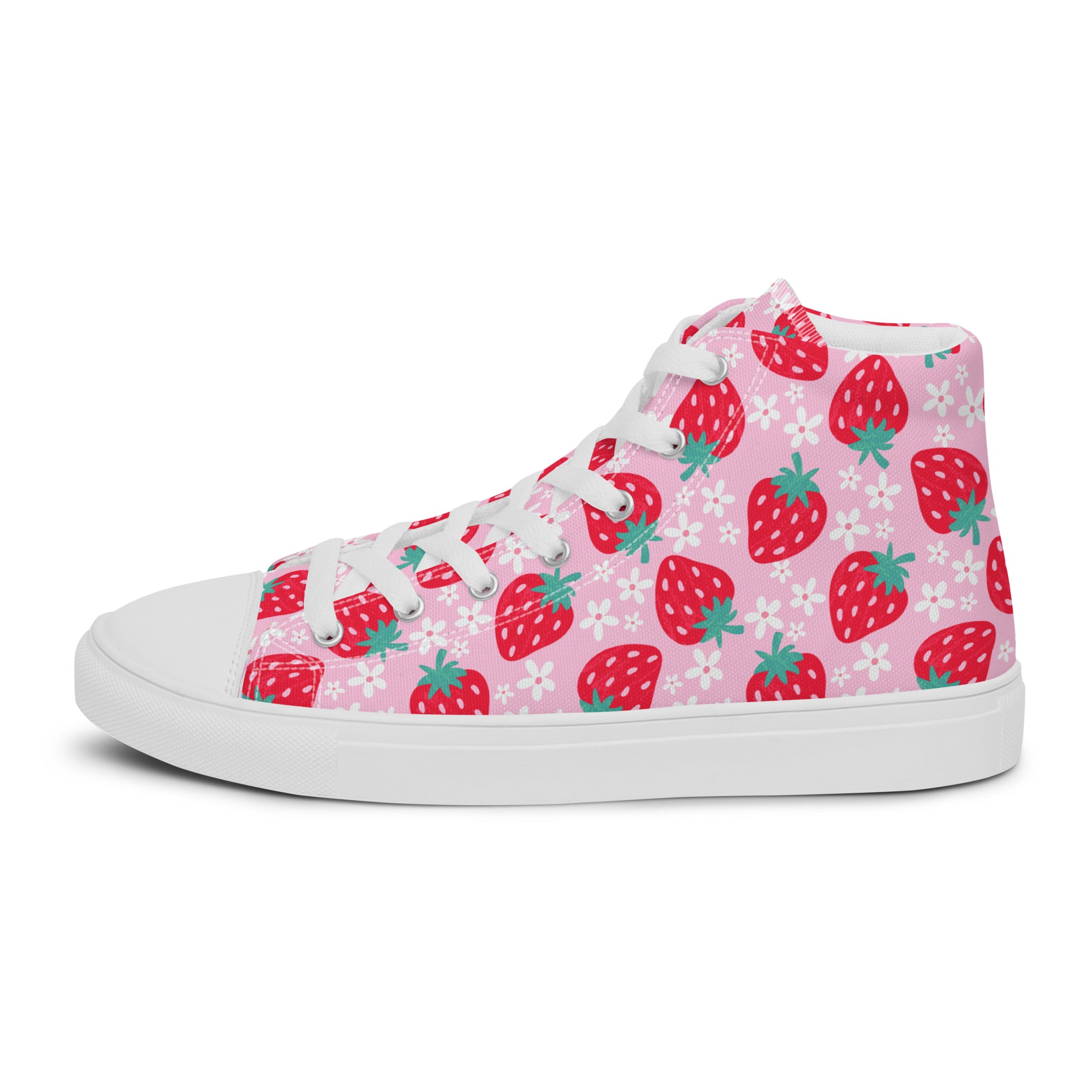 Women’s High-Top Sneakers – Pink Strawberry Print, Trendy Canvas Shoes