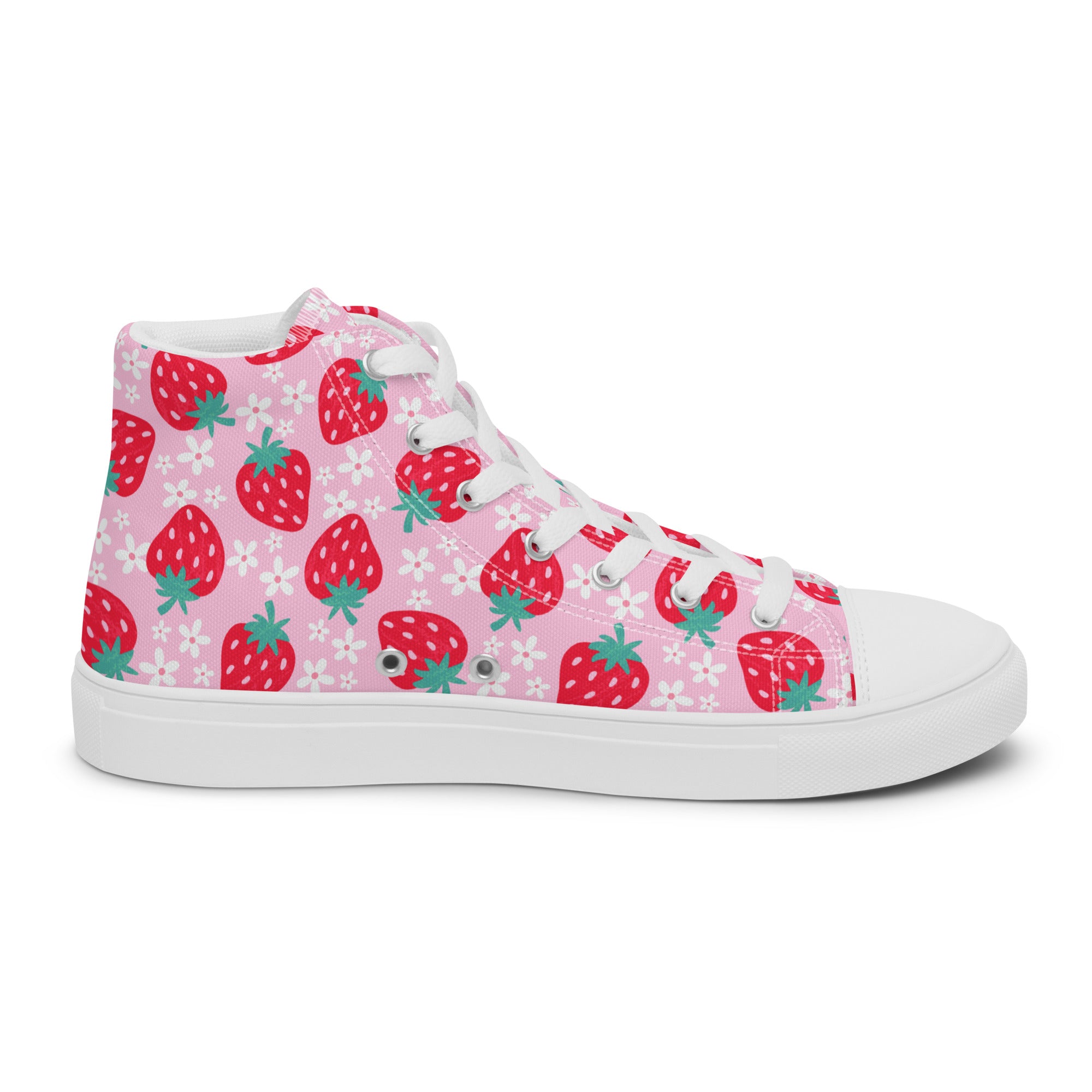 Women’s High-Top Sneakers – Pink Strawberry Print, Trendy Canvas Shoes