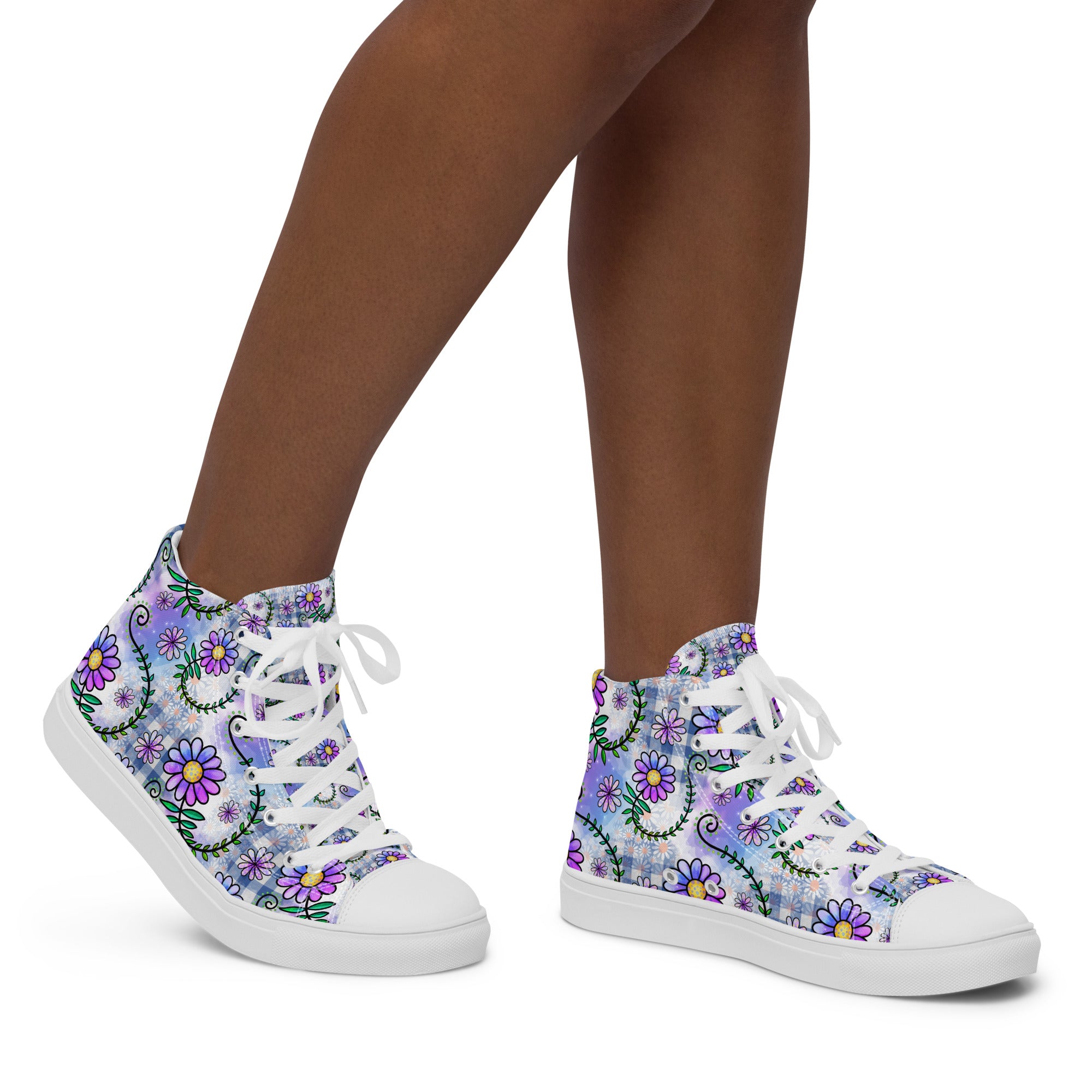 Women’s High-Top Sneakers – Purple Floral Pattern, Stylish Canvas Shoes