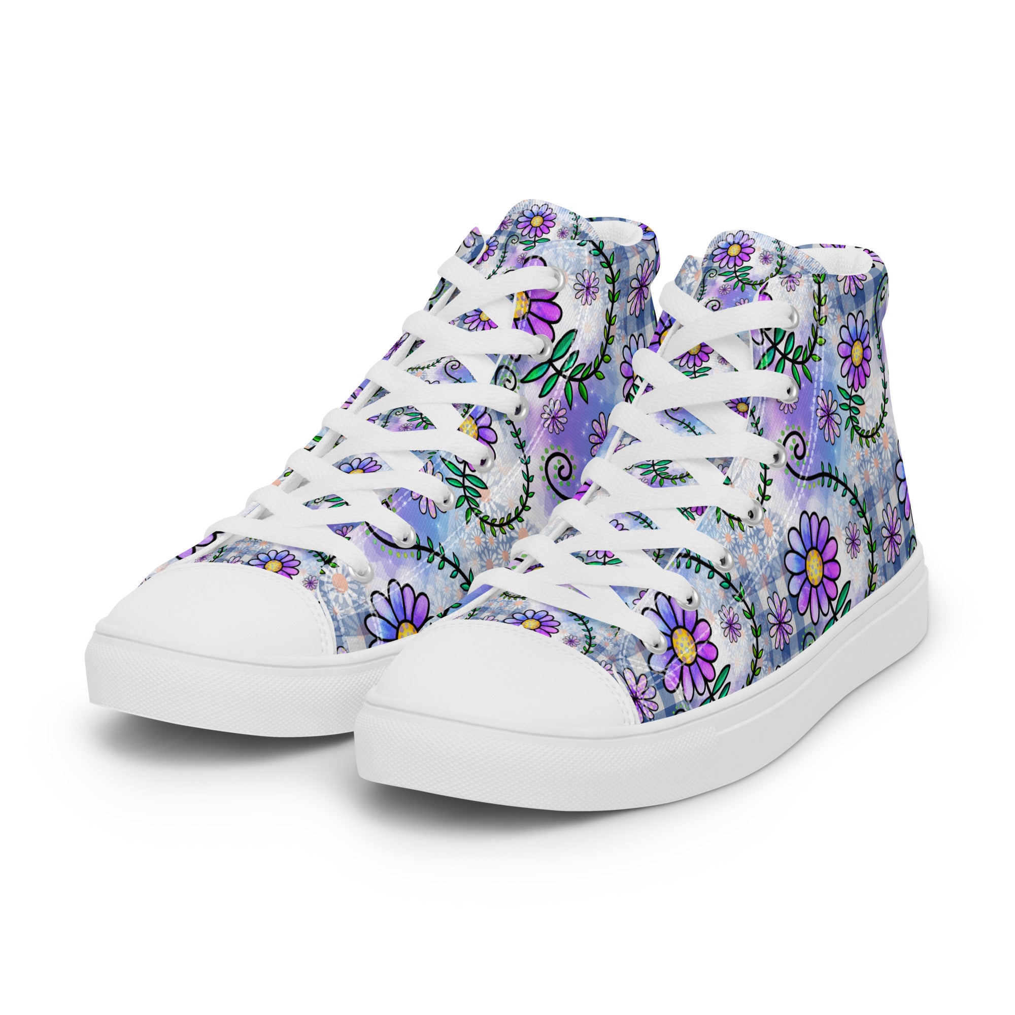 Women’s High-Top Sneakers – Purple Floral Pattern, Stylish Canvas Shoes