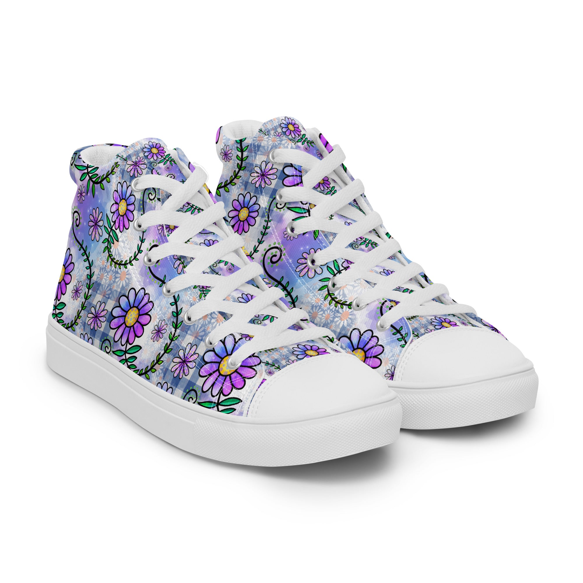 Women’s High-Top Sneakers – Purple Floral Pattern, Stylish Canvas Shoes