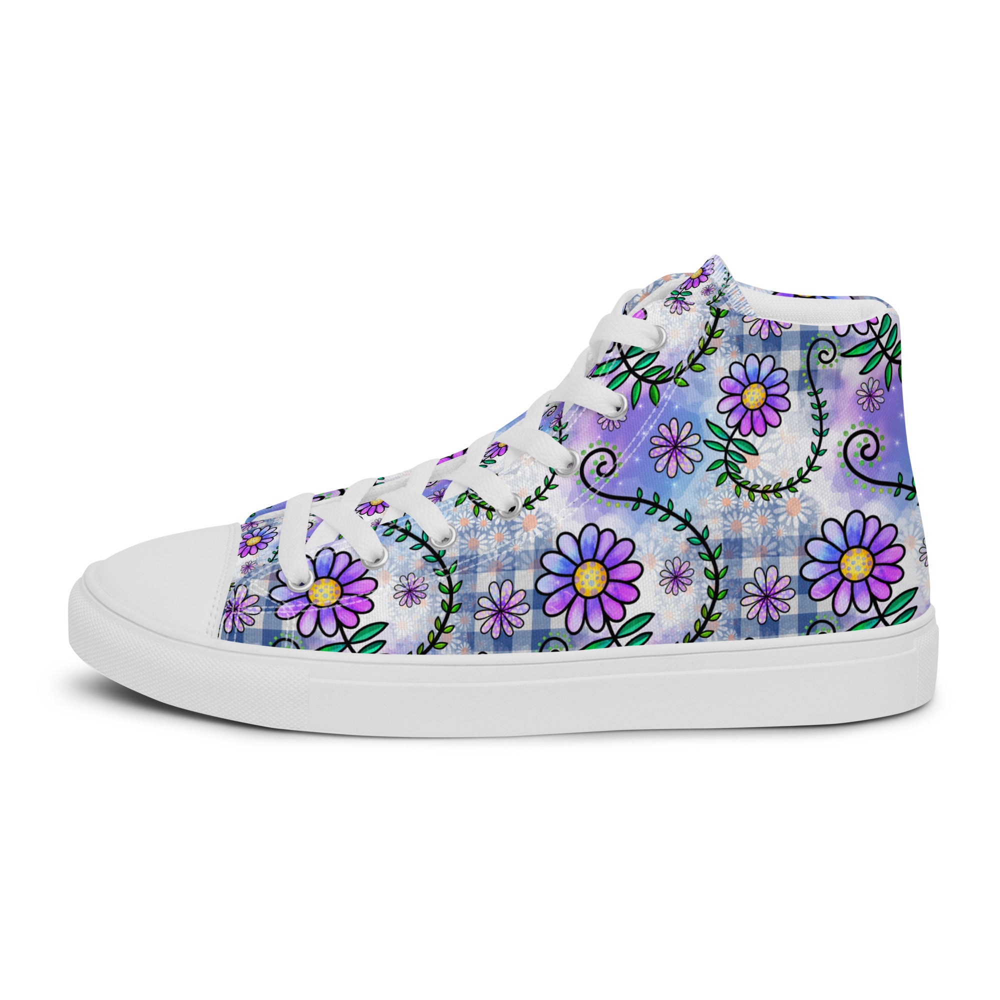 Women’s High-Top Sneakers – Purple Floral Pattern, Stylish Canvas Shoes