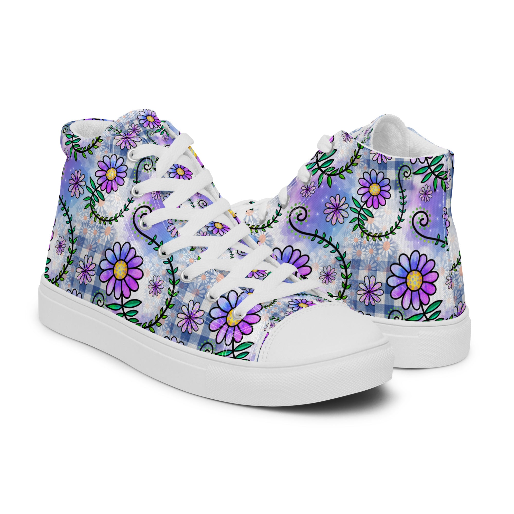 Women’s High-Top Sneakers – Purple Floral Pattern, Stylish Canvas Shoes