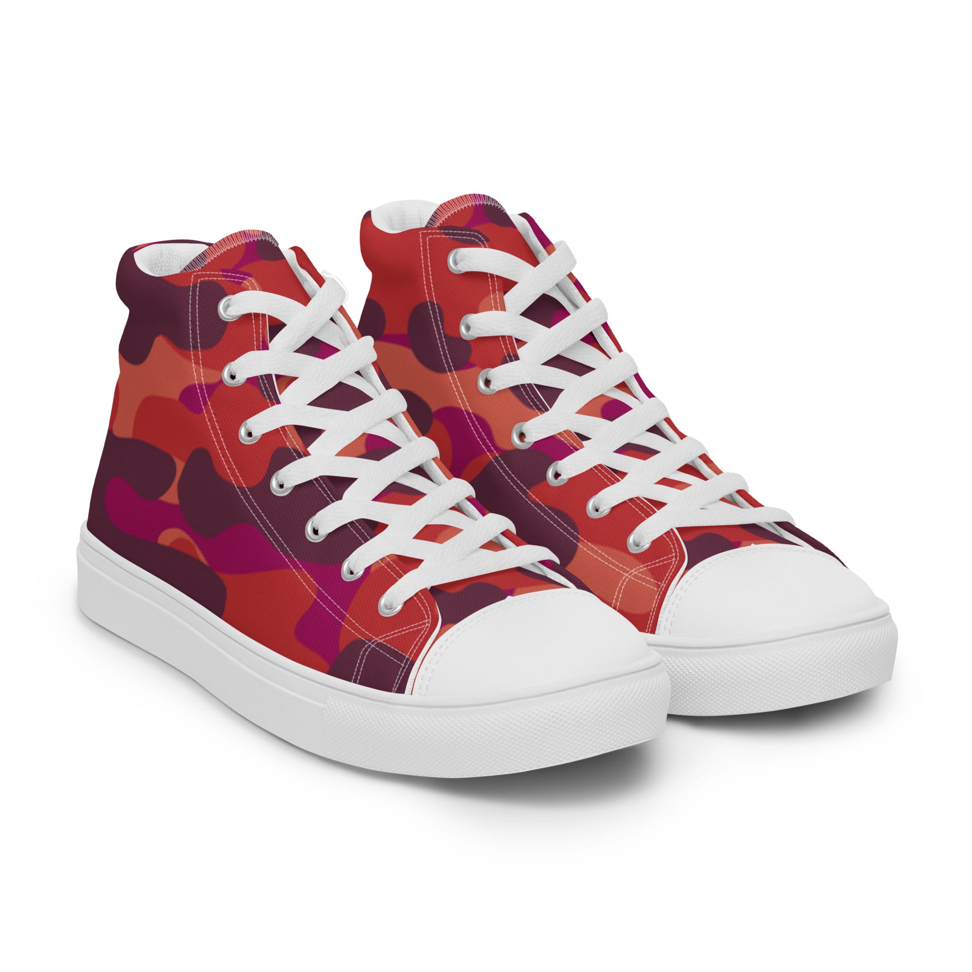 Women’s High-Top Sneakers – Red Camo Print, Bold Canvas Shoes