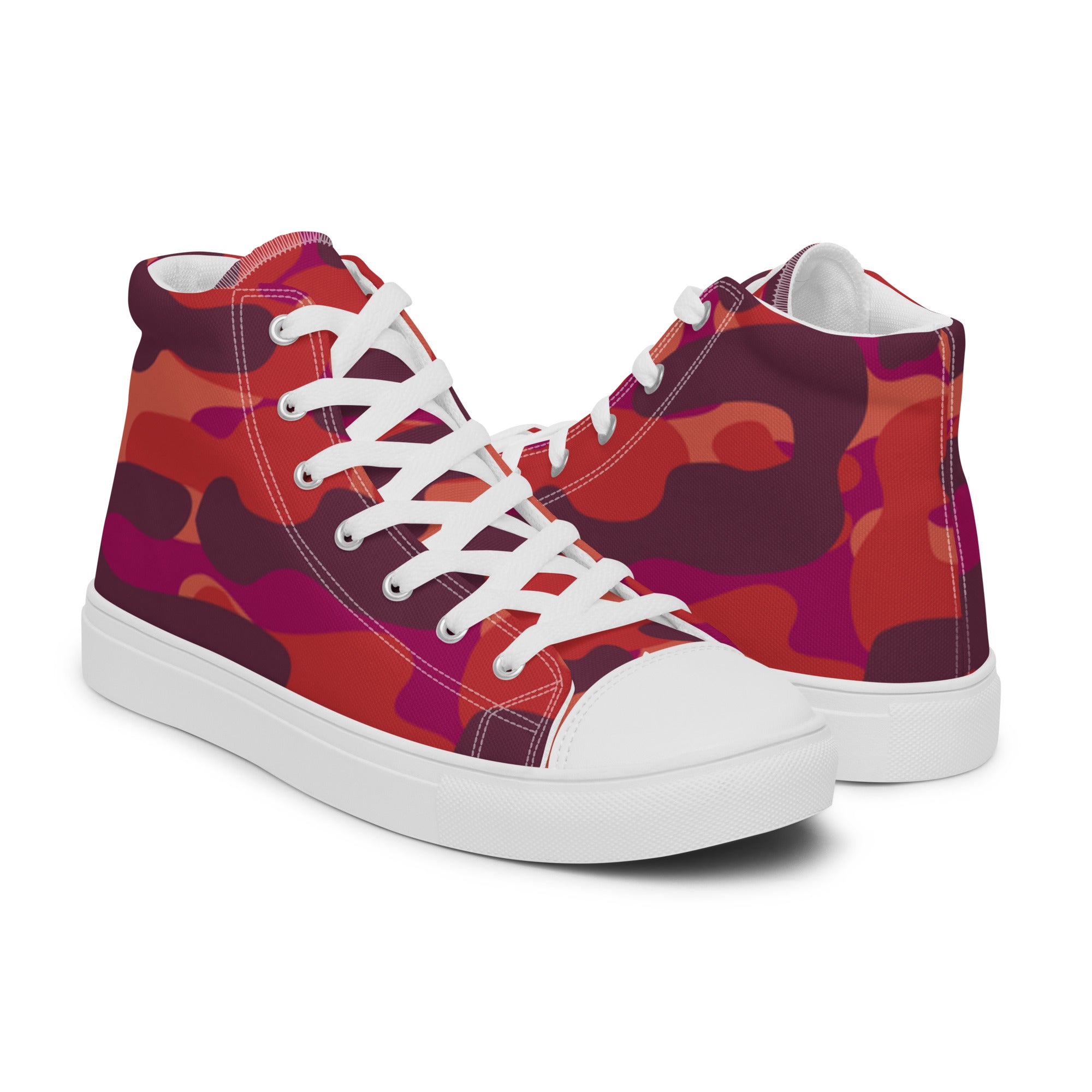 Women’s High-Top Sneakers – Red Camo Print, Bold Canvas Shoes