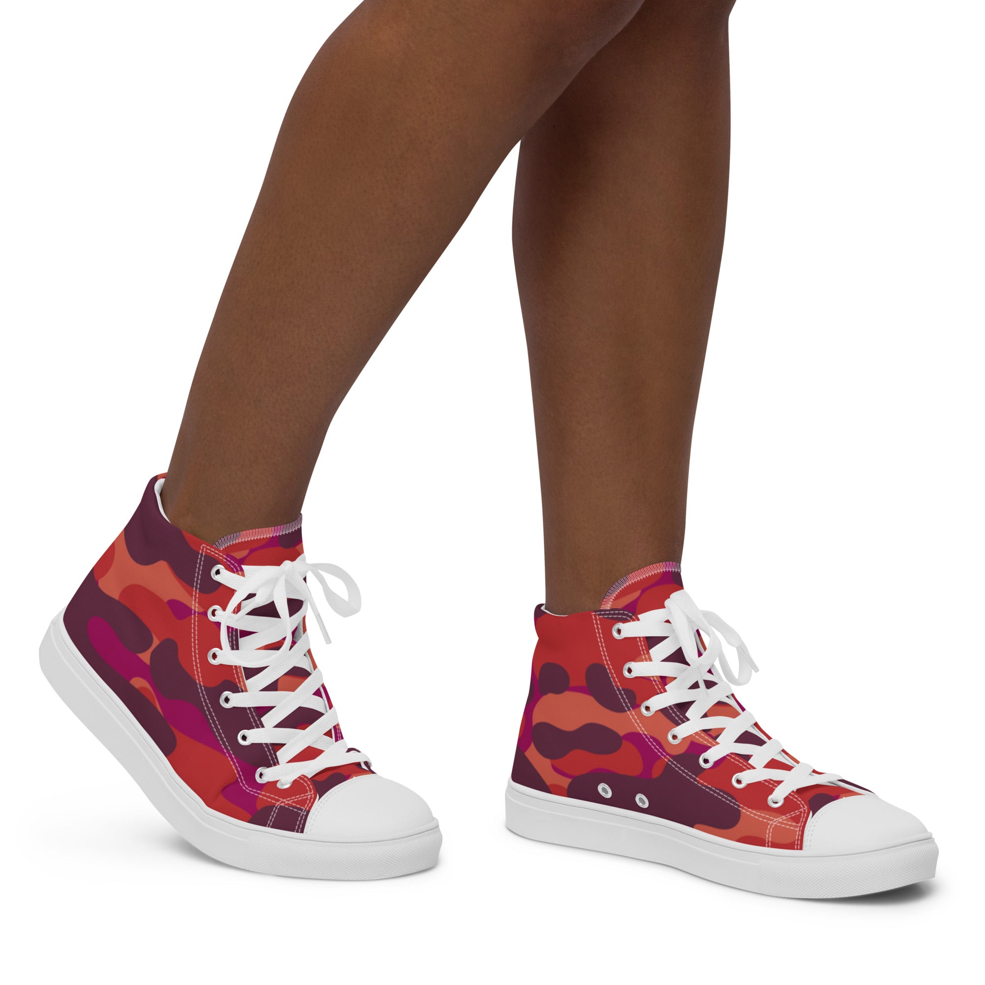 Women’s High-Top Sneakers – Red Camo Print, Bold Canvas Shoes