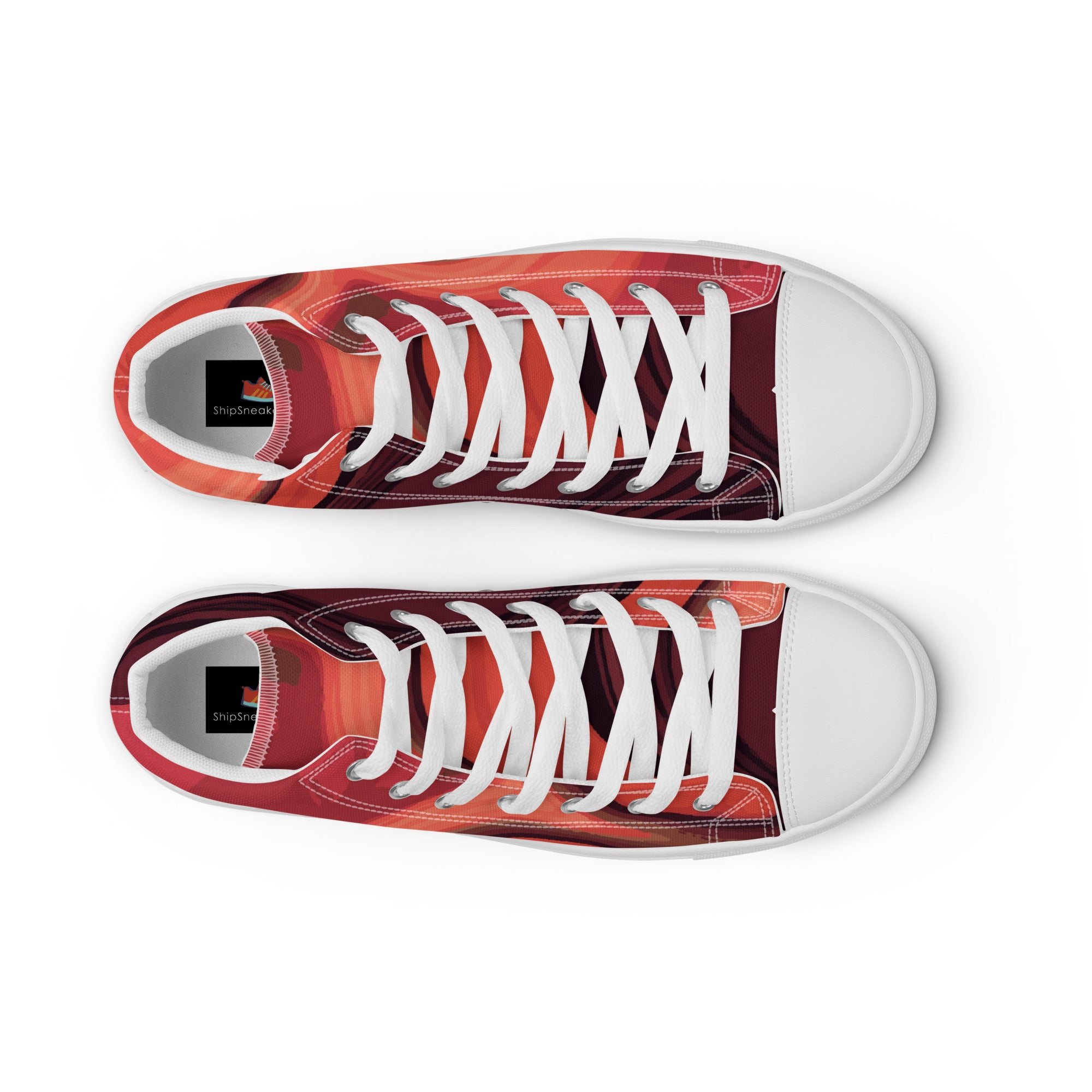 Women’s High-Top Sneakers – Red Swirl Pattern, Artistic Canvas Shoes