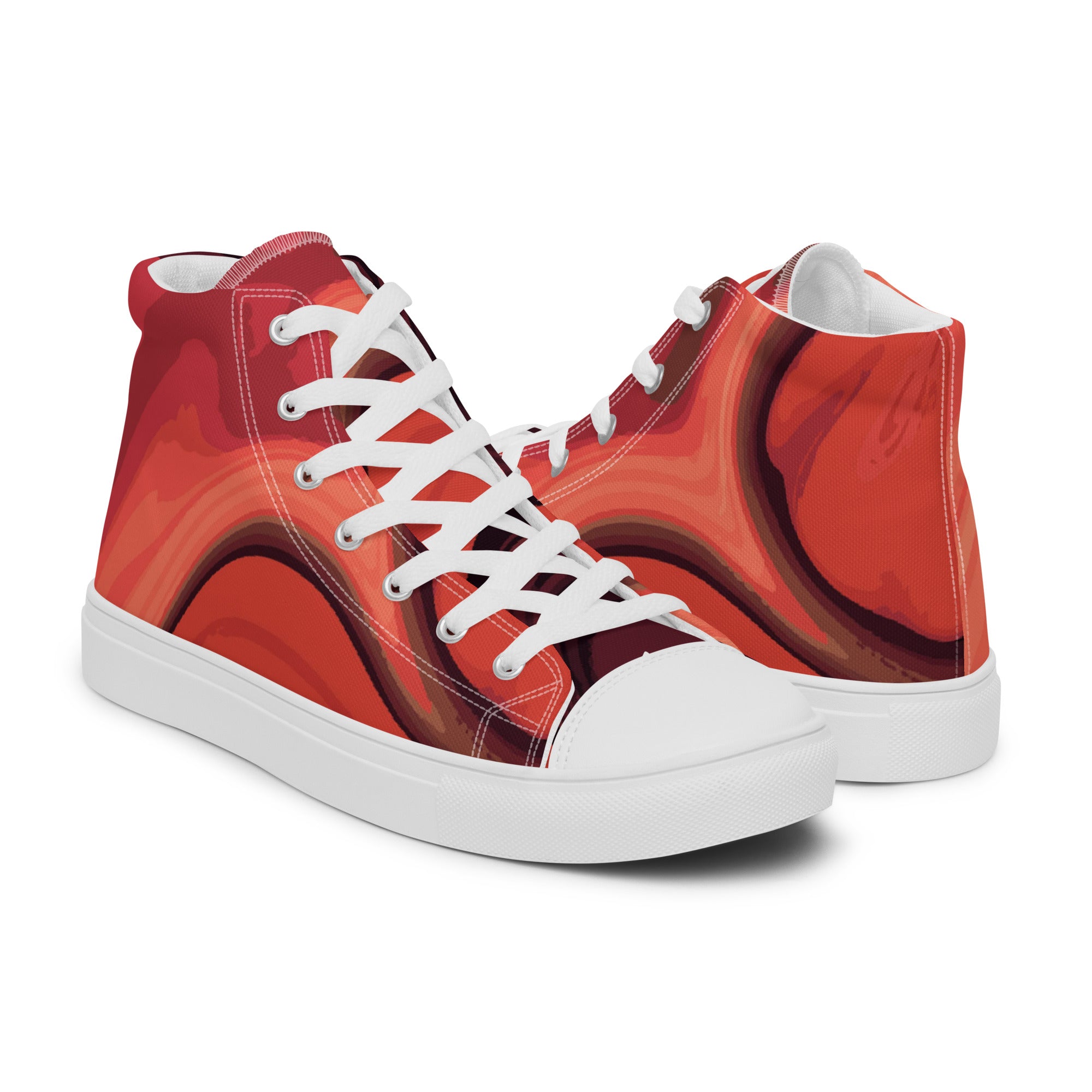 Women’s High-Top Sneakers – Red Swirl Pattern, Artistic Canvas Shoes