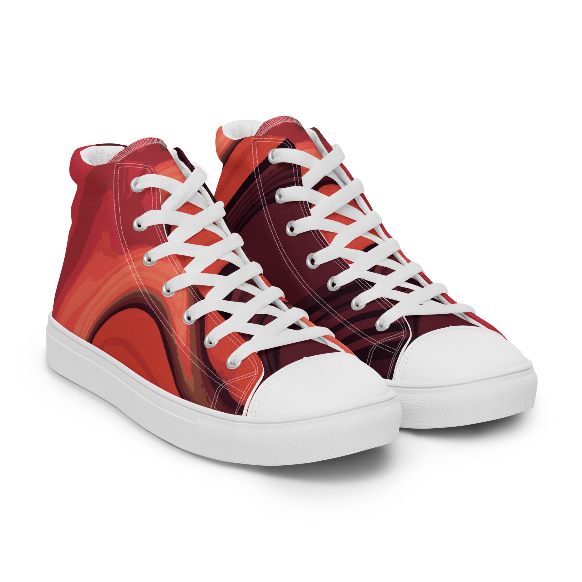 Women’s High-Top Sneakers – Red Swirl Pattern, Artistic Canvas Shoes