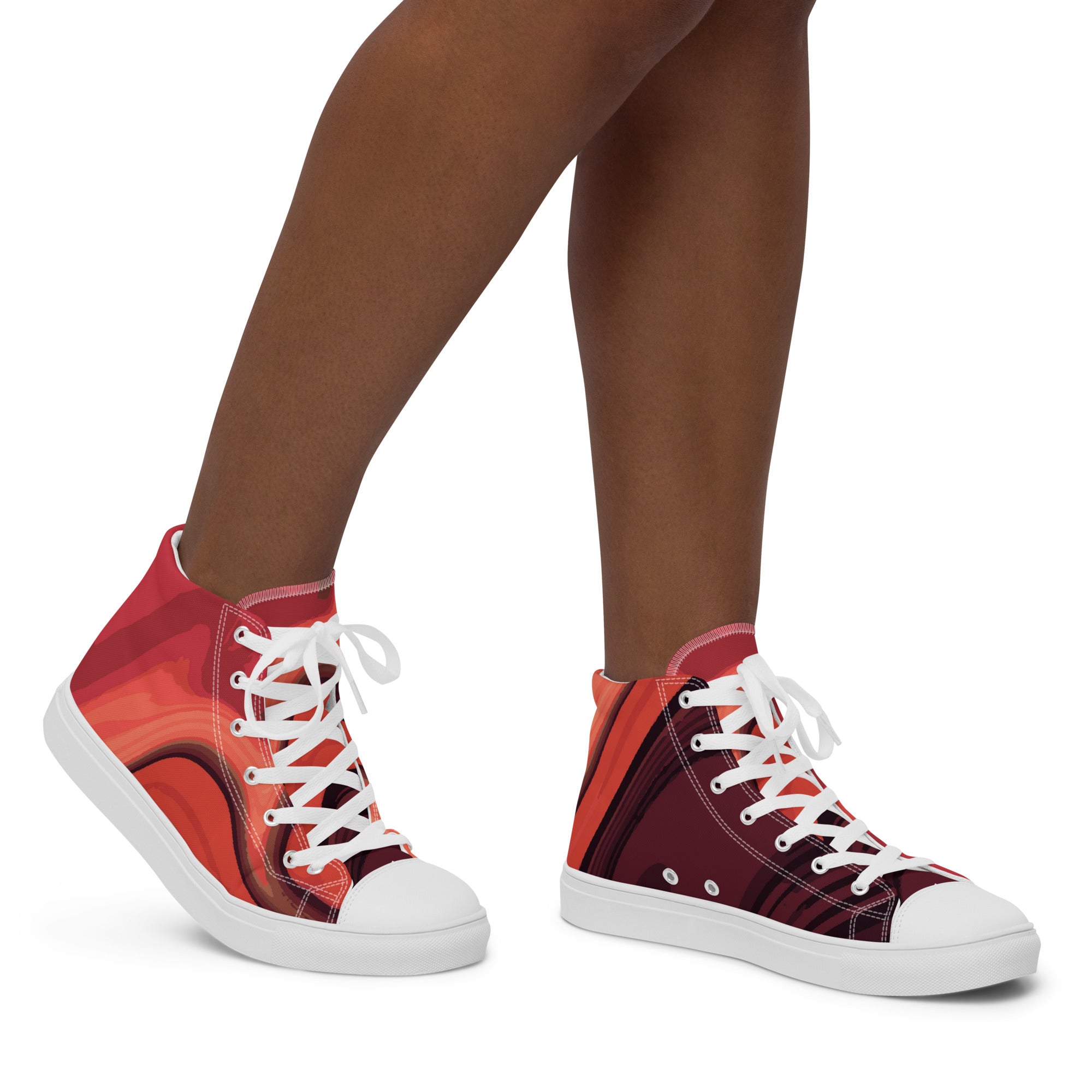 Women’s High-Top Sneakers – Red Swirl Pattern, Artistic Canvas Shoes