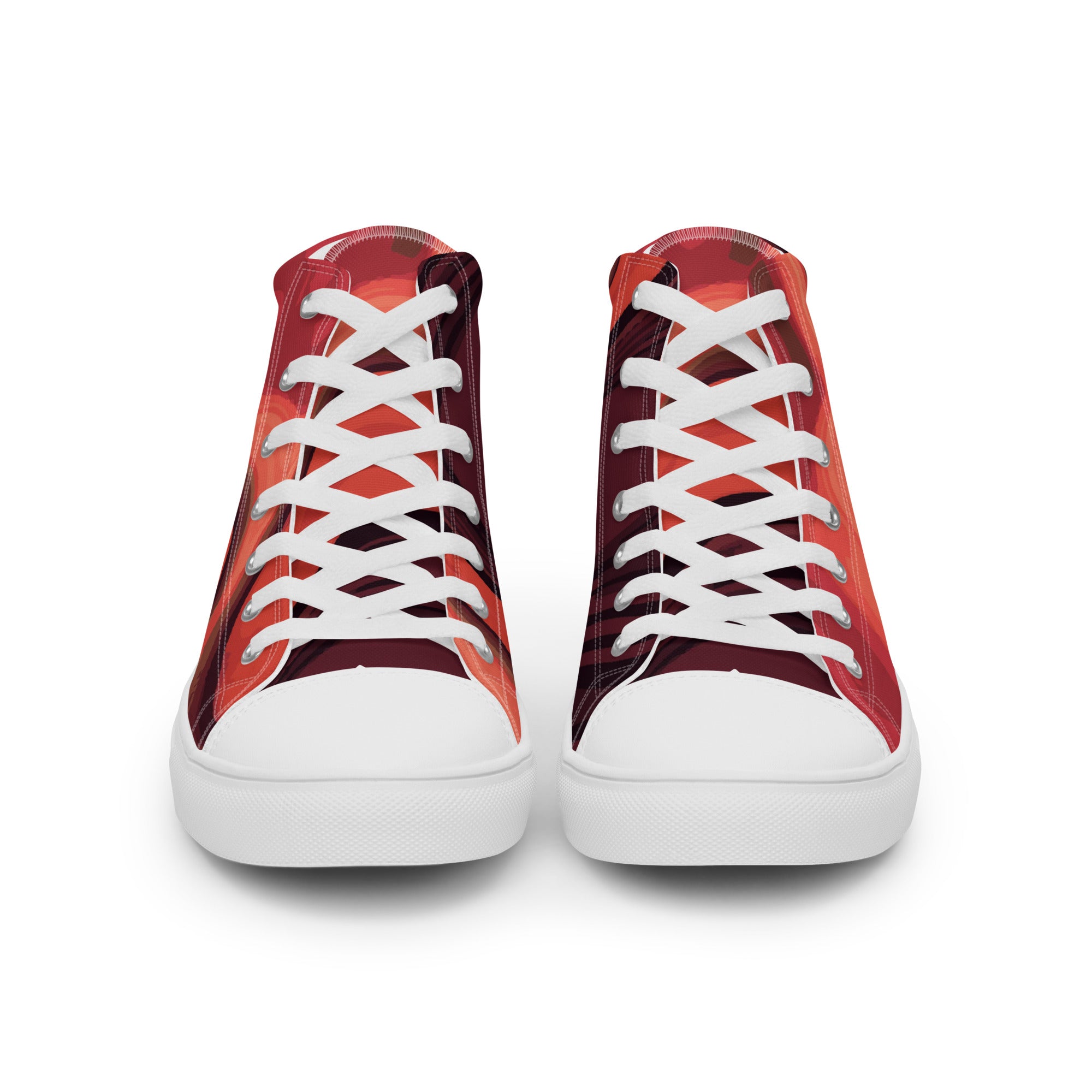 Women’s High-Top Sneakers – Red Swirl Pattern, Artistic Canvas Shoes