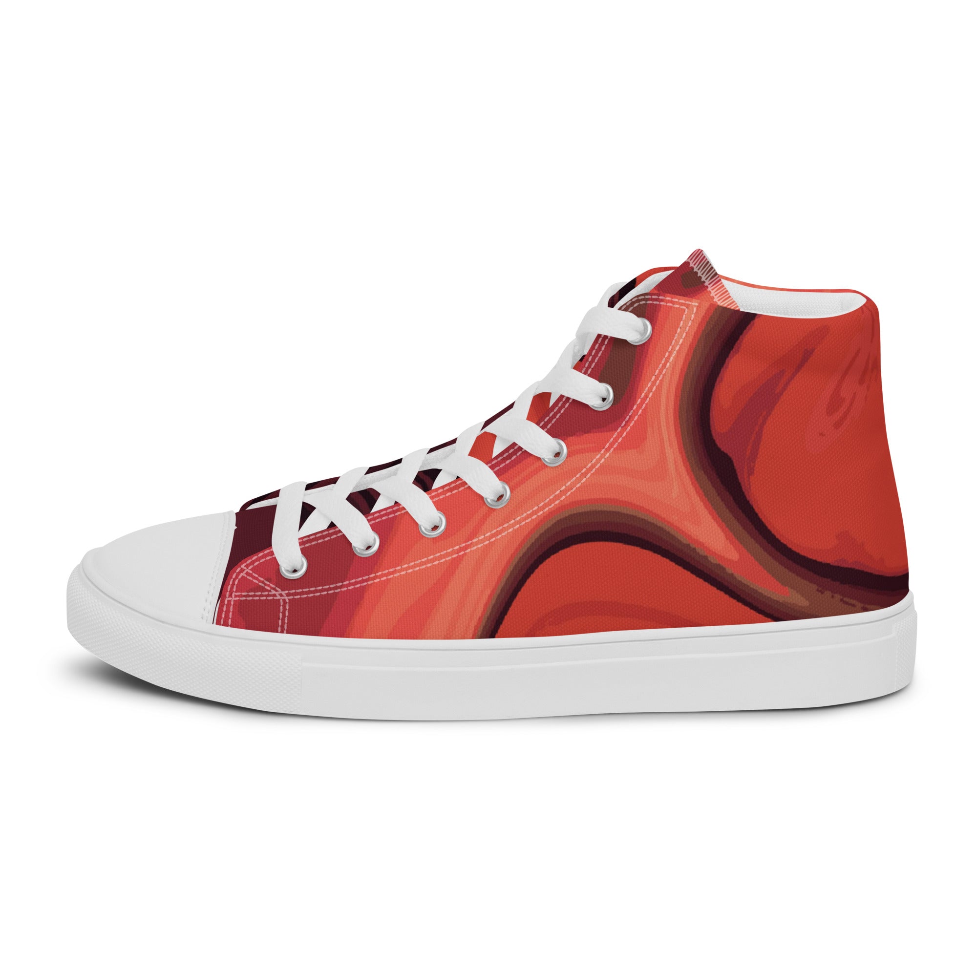 Women’s High-Top Sneakers – Red Swirl Pattern, Artistic Canvas Shoes