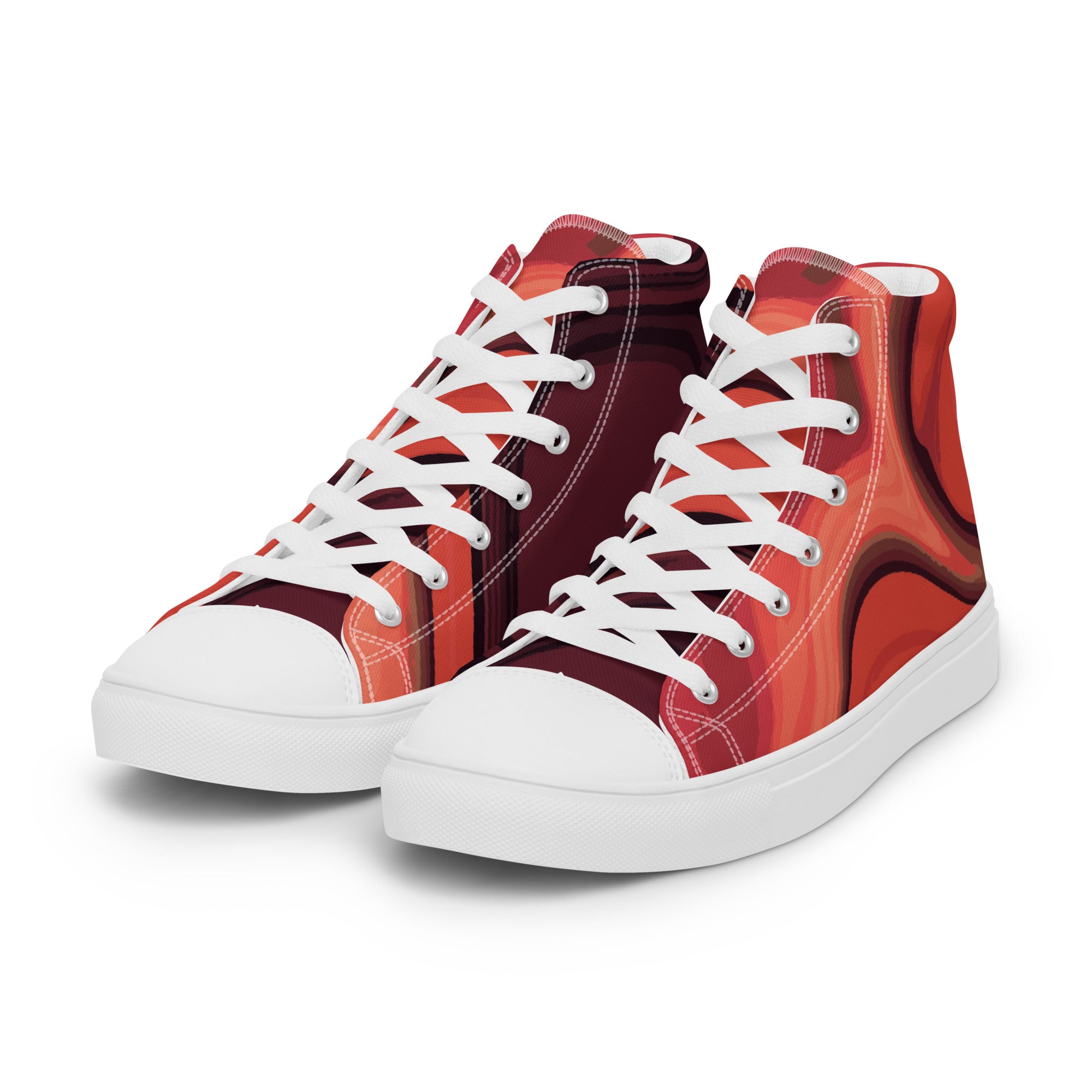 Women’s High-Top Sneakers – Red Swirl Pattern, Artistic Canvas Shoes