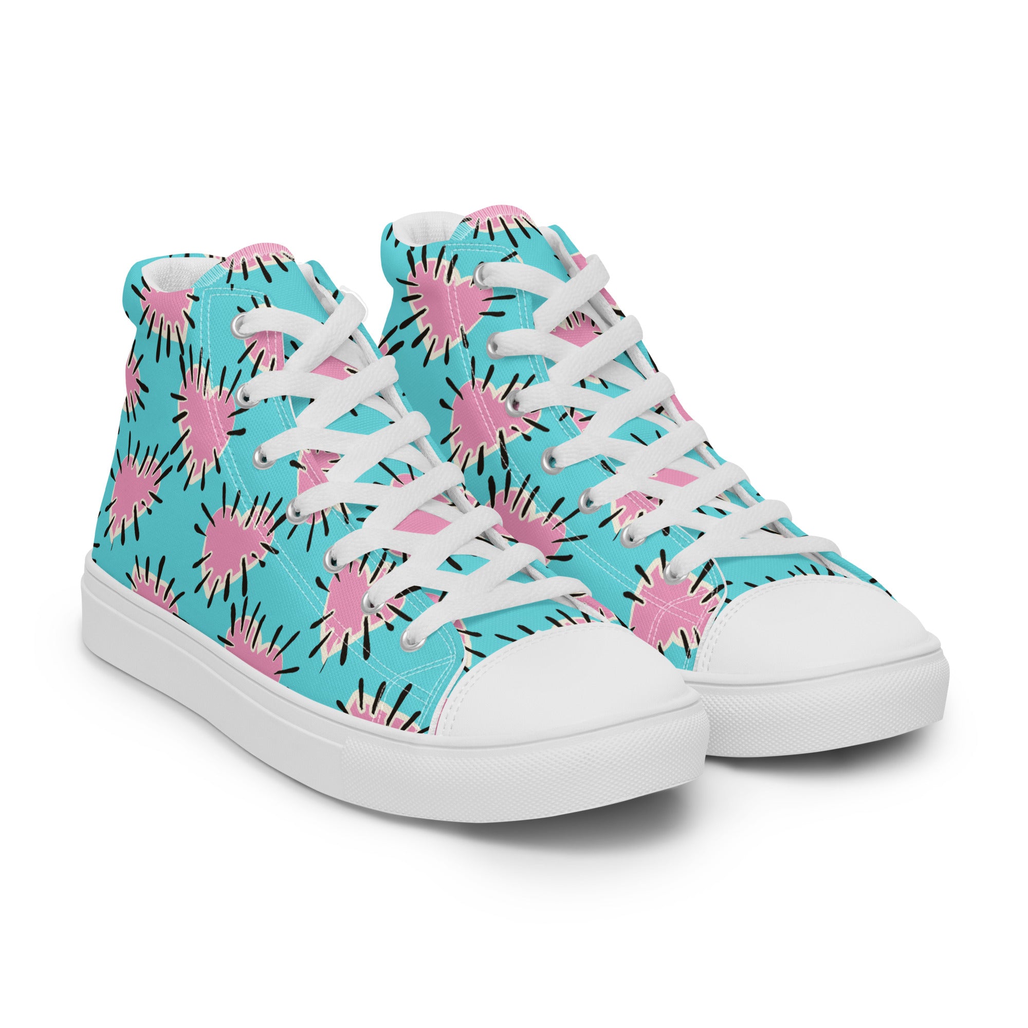 Women’s High-Top Sneakers – Retro Pink Heartburst Print, Fashion Canvas Shoes