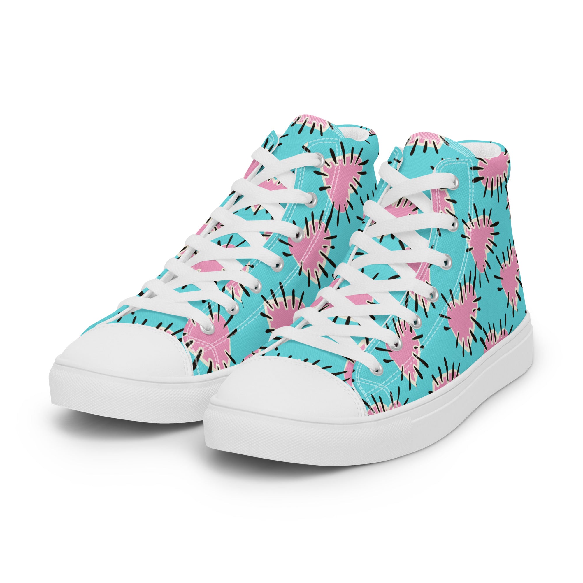 Women’s High-Top Sneakers – Retro Pink Heartburst Print, Fashion Canvas Shoes