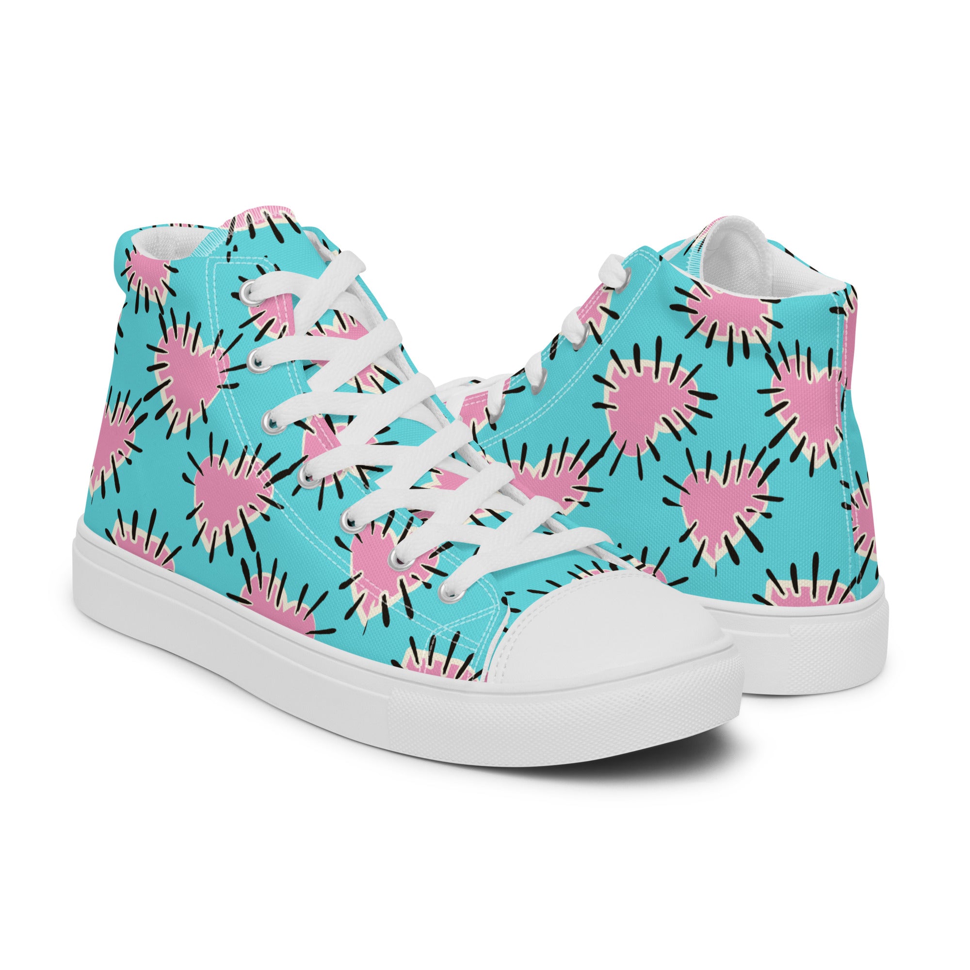 Women’s High-Top Sneakers – Retro Pink Heartburst Print, Fashion Canvas Shoes