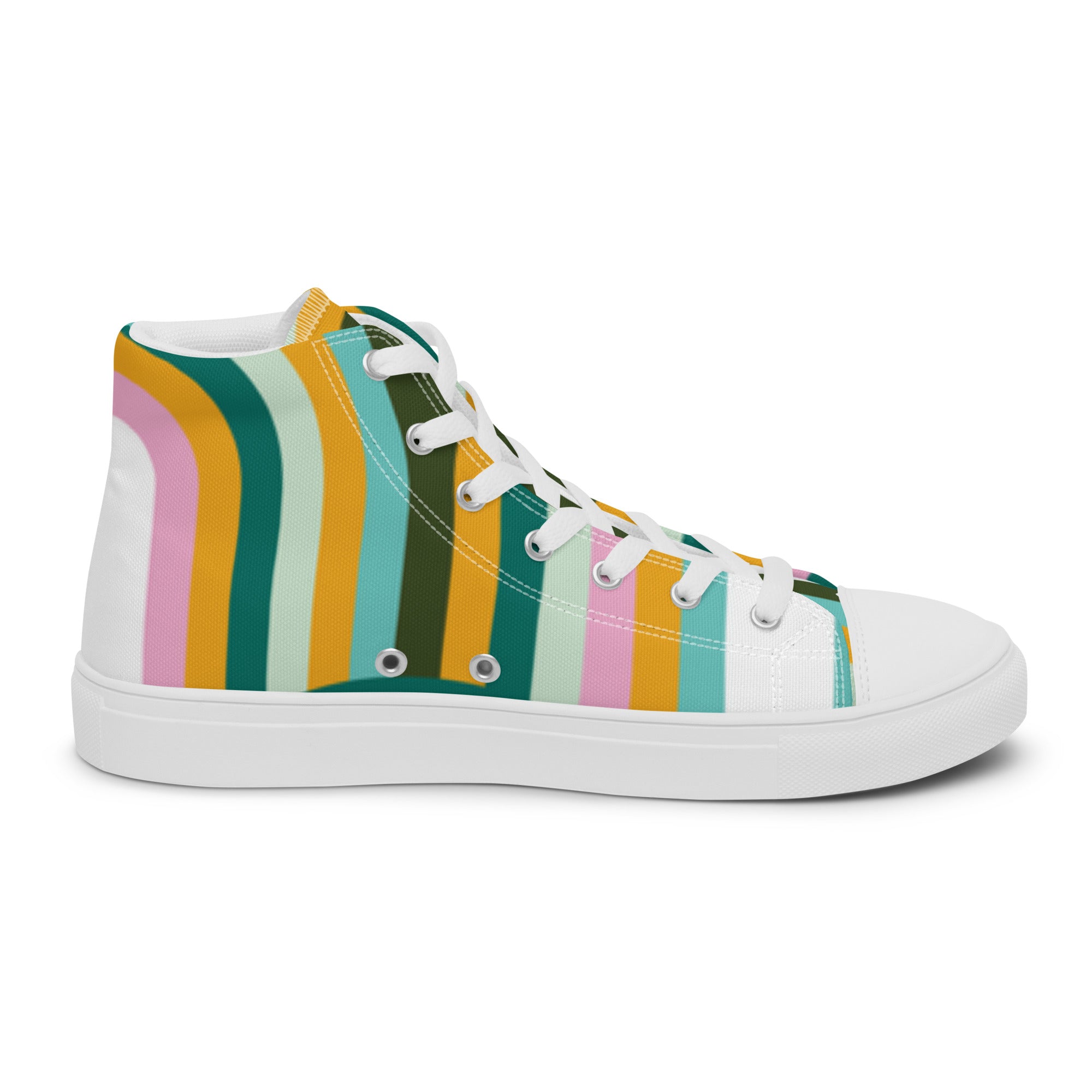 Women’s High-Top Sneakers – Retro Stripes Print, Colorful Canvas Shoes