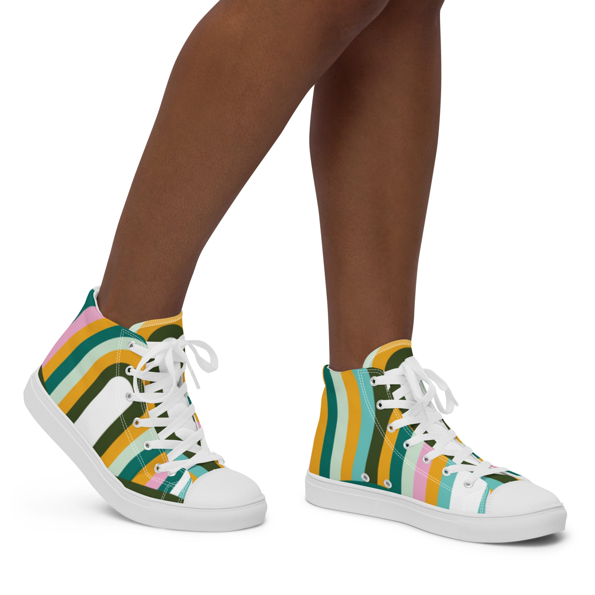 Women’s High-Top Sneakers – Retro Stripes Print, Colorful Canvas Shoes