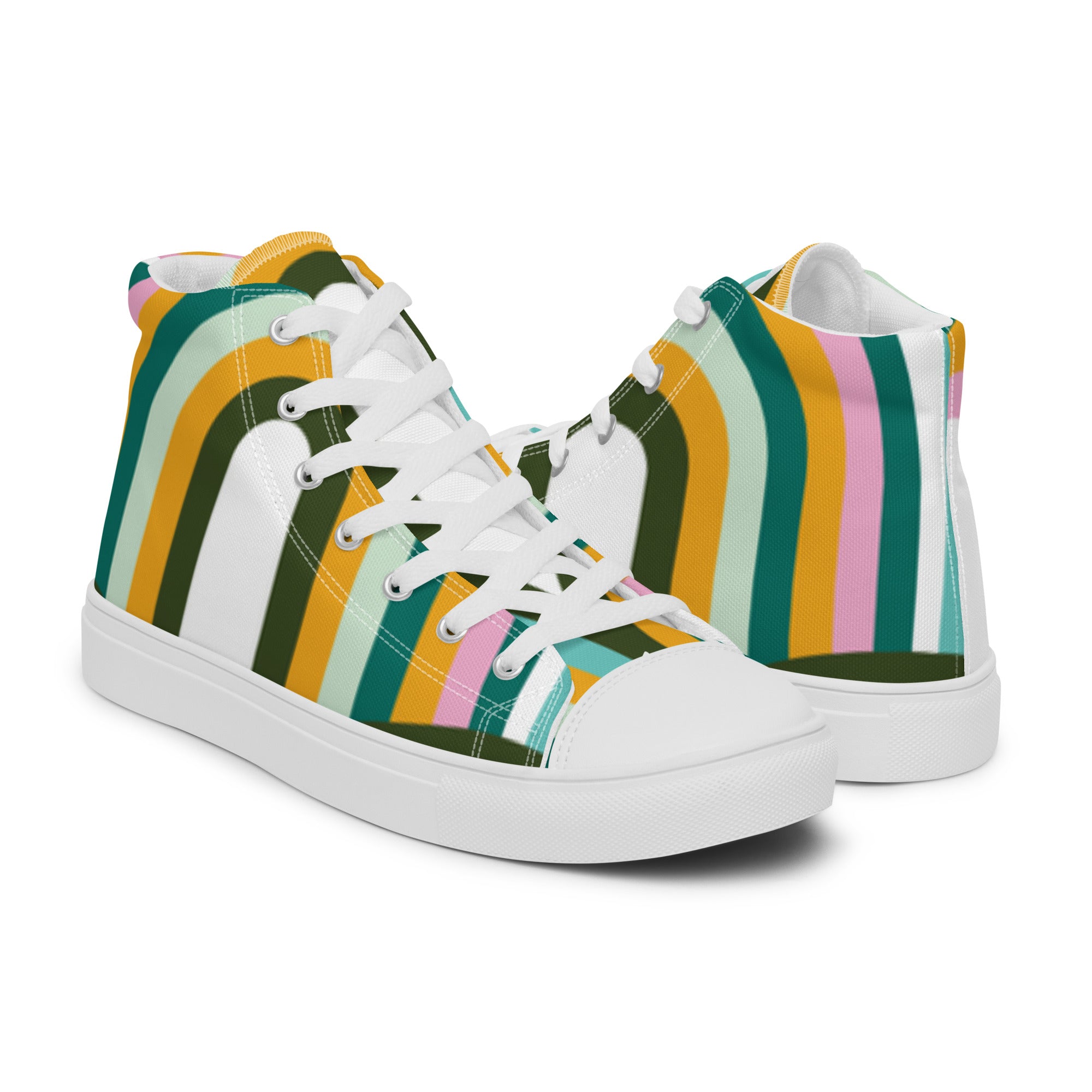 Women’s High-Top Sneakers – Retro Stripes Print, Colorful Canvas Shoes