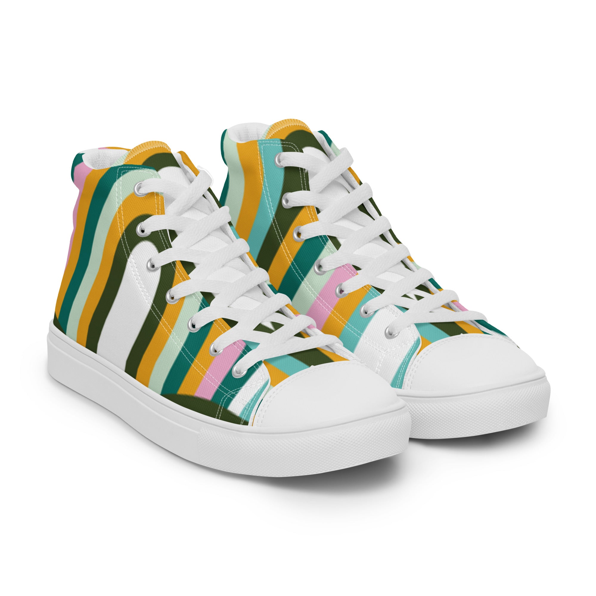 Women’s High-Top Sneakers – Retro Stripes Print, Colorful Canvas Shoes