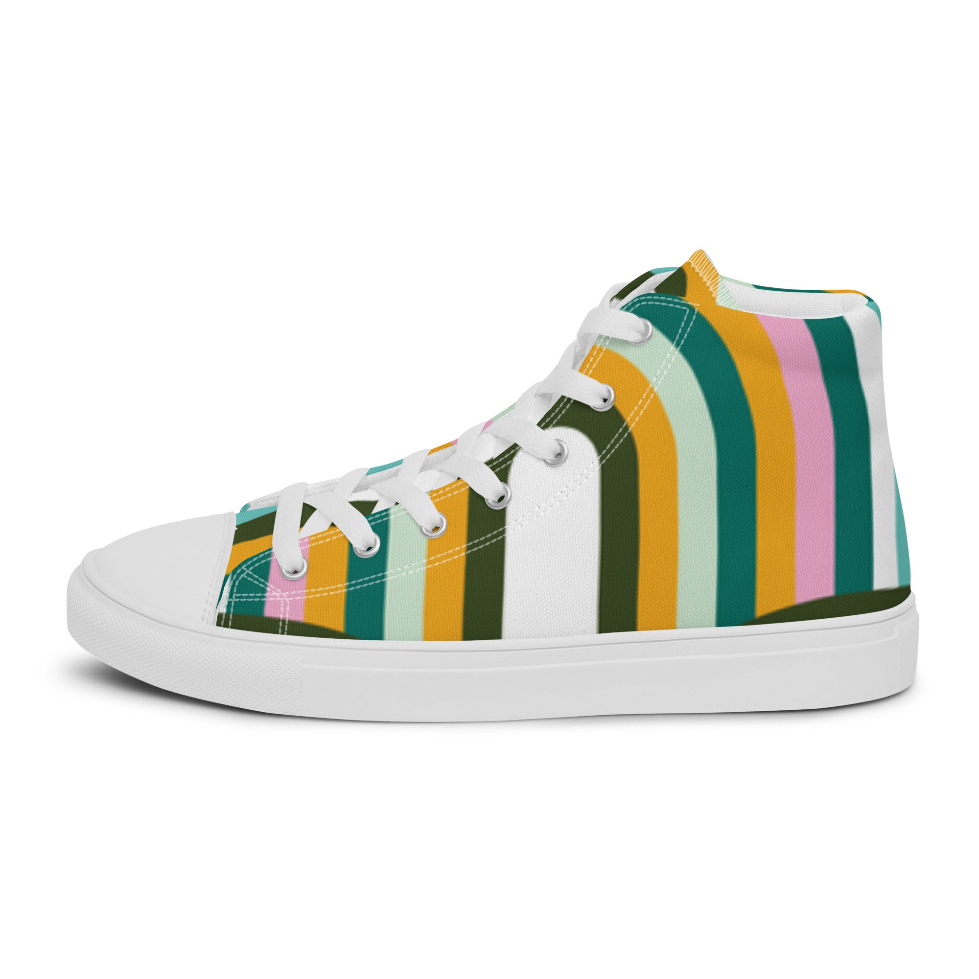 Women’s High-Top Sneakers – Retro Stripes Print, Colorful Canvas Shoes