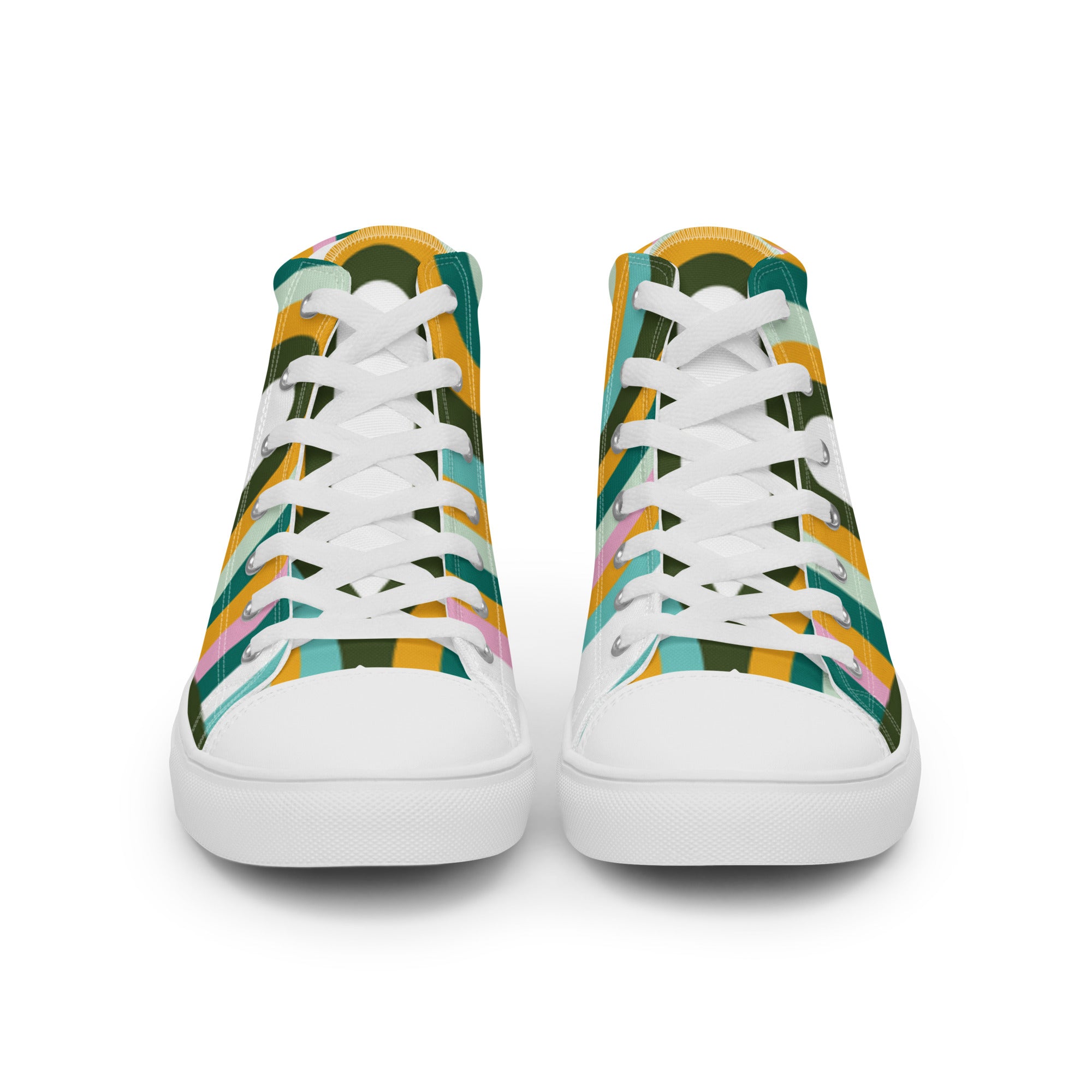 Women’s High-Top Sneakers – Retro Stripes Print, Colorful Canvas Shoes